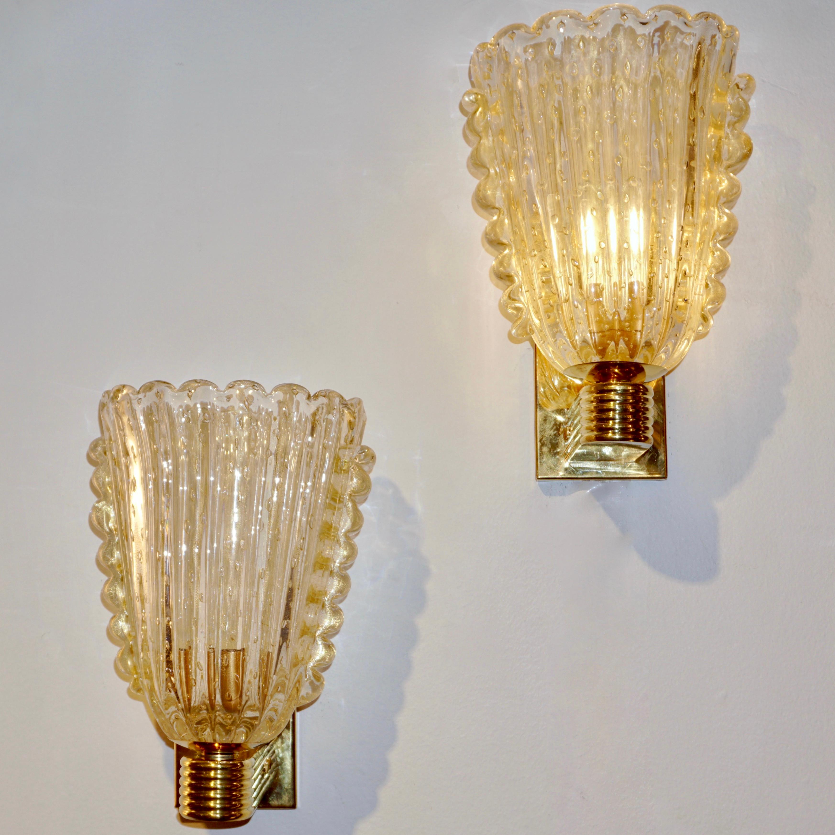 Contemporary Italian Art Deco Design Crystal Gold Leaf Murano Glass Bowl Sconces For Sale 3