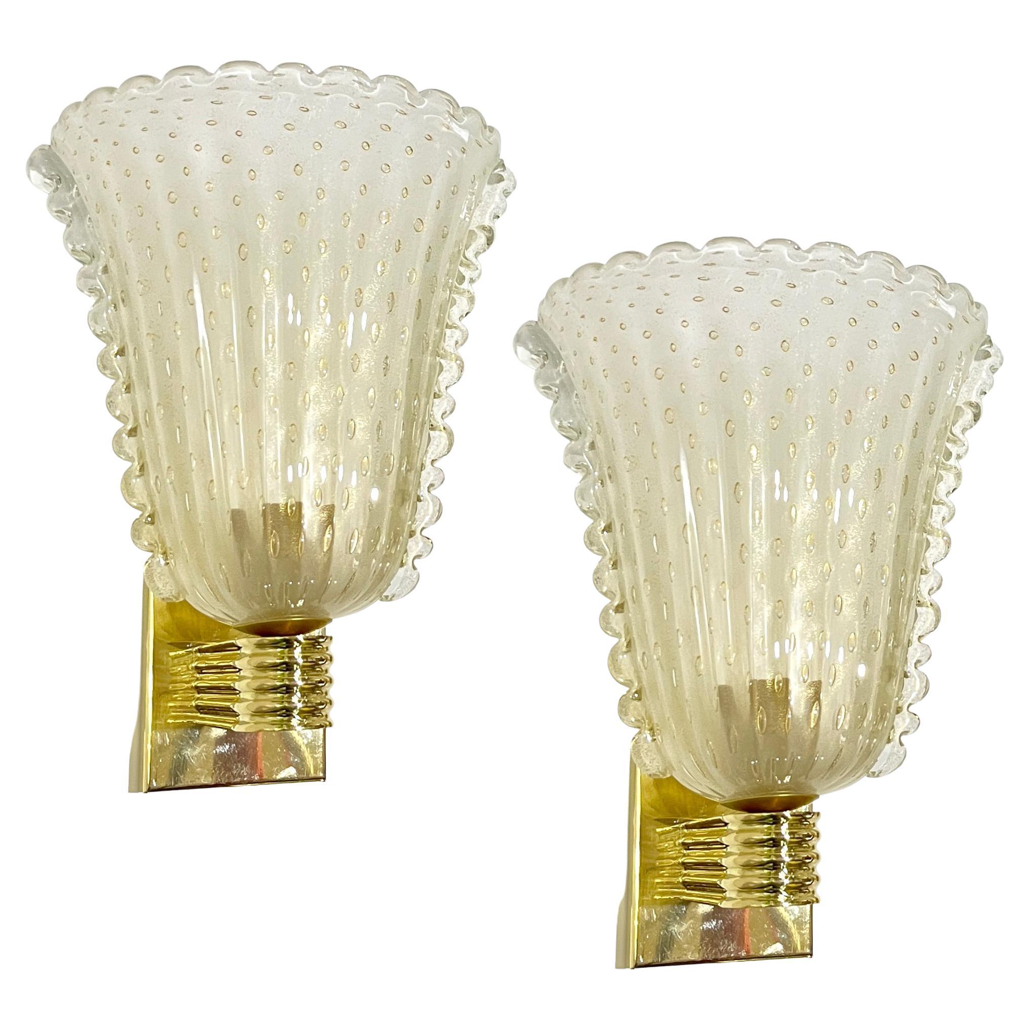 Contemporary Italian Art Deco Design Gold Leaf Frosted Murano Glass Bowl Sconces