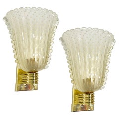 Contemporary Italian Art Deco Design Gold Leaf Frosted Murano Glass Bowl Sconces
