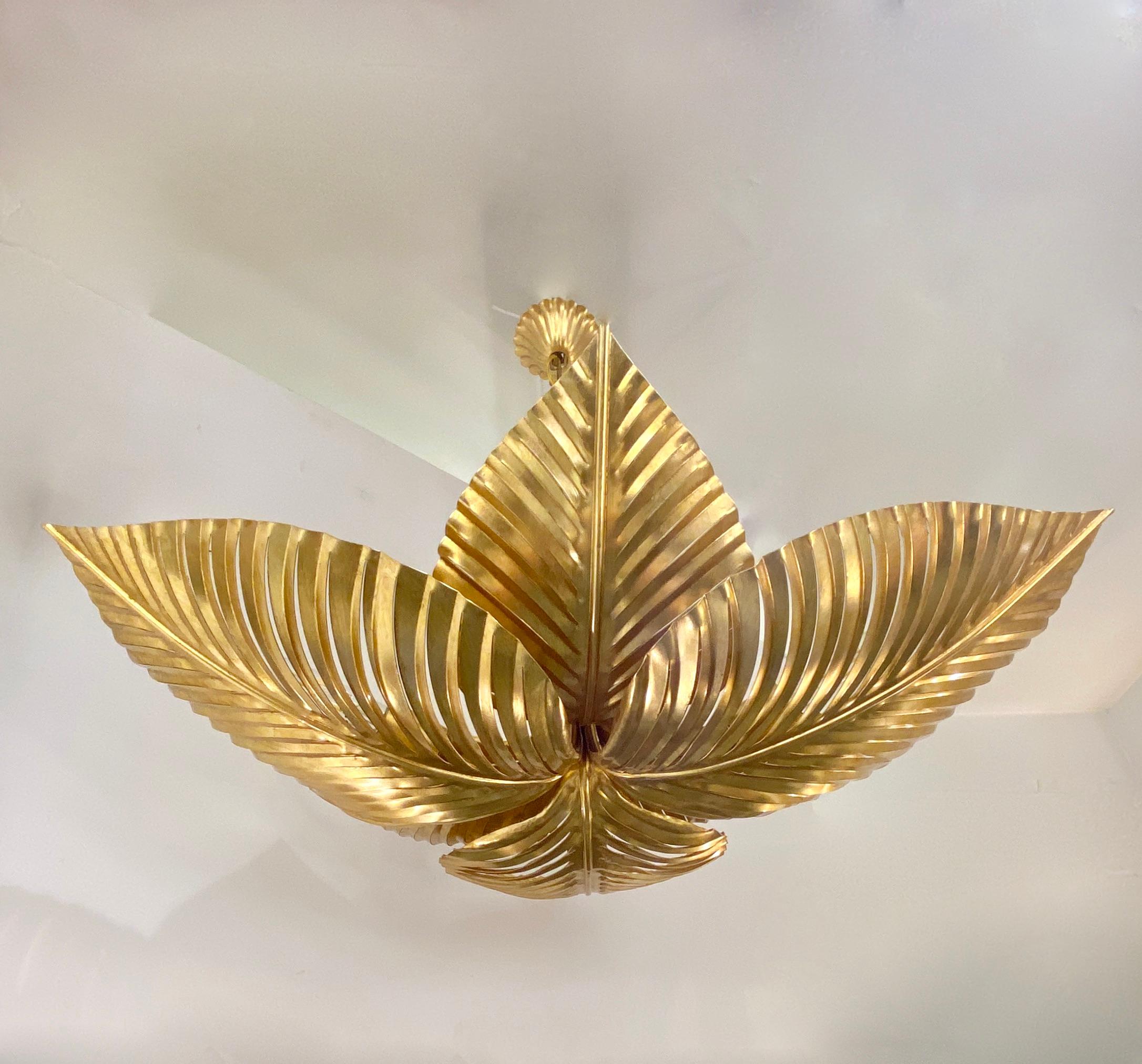 Contemporary Italian Art Deco Design Hand Made Gold Metal Tiered Leaf Chandelier For Sale 5