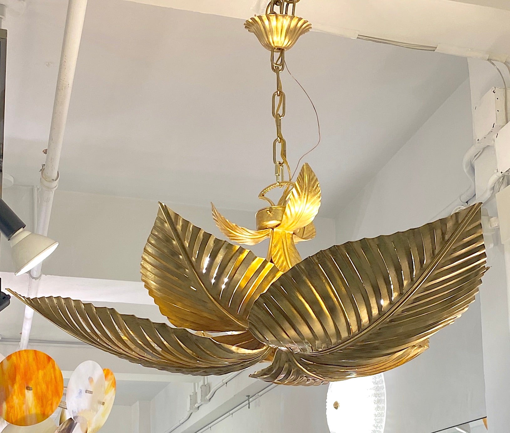 Contemporary Italian Art Deco Design Hand Made Gold Metal Tiered Leaf Chandelier For Sale 7
