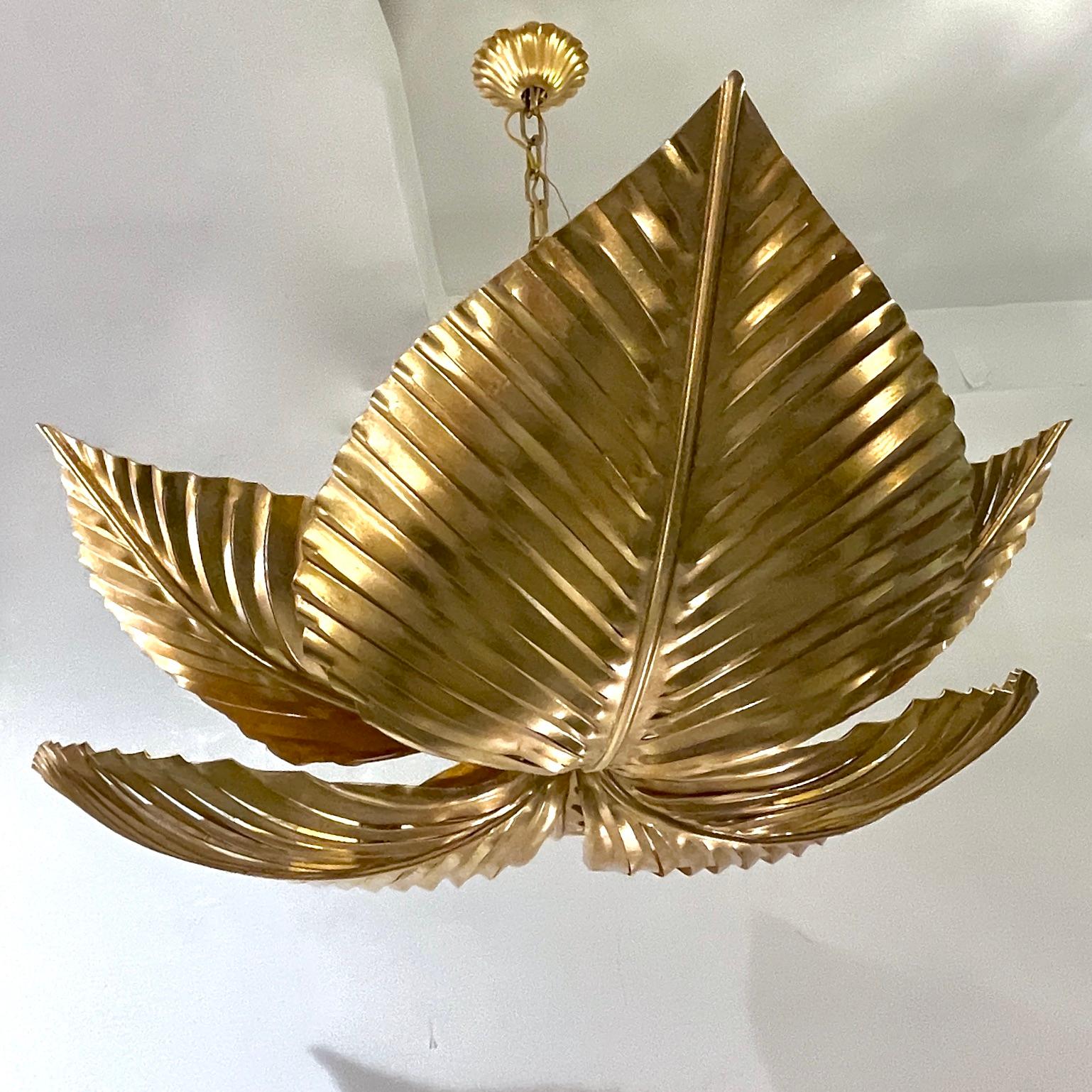 Contemporary Italian Art Deco Design Hand Made Gold Metal Tiered Leaf Chandelier For Sale 9