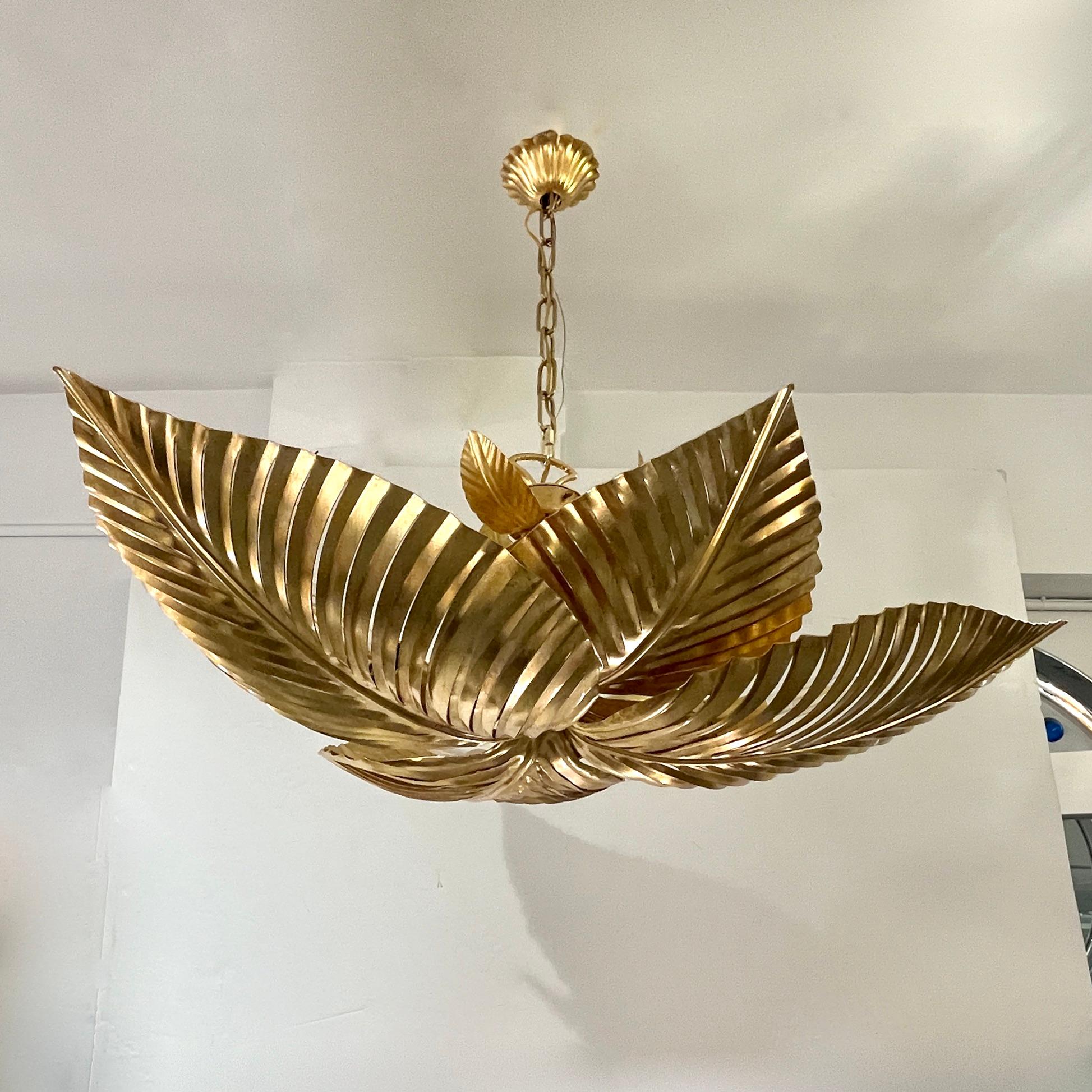Contemporary Italian Art Deco Design Hand Made Gold Metal Tiered Leaf Chandelier For Sale 10