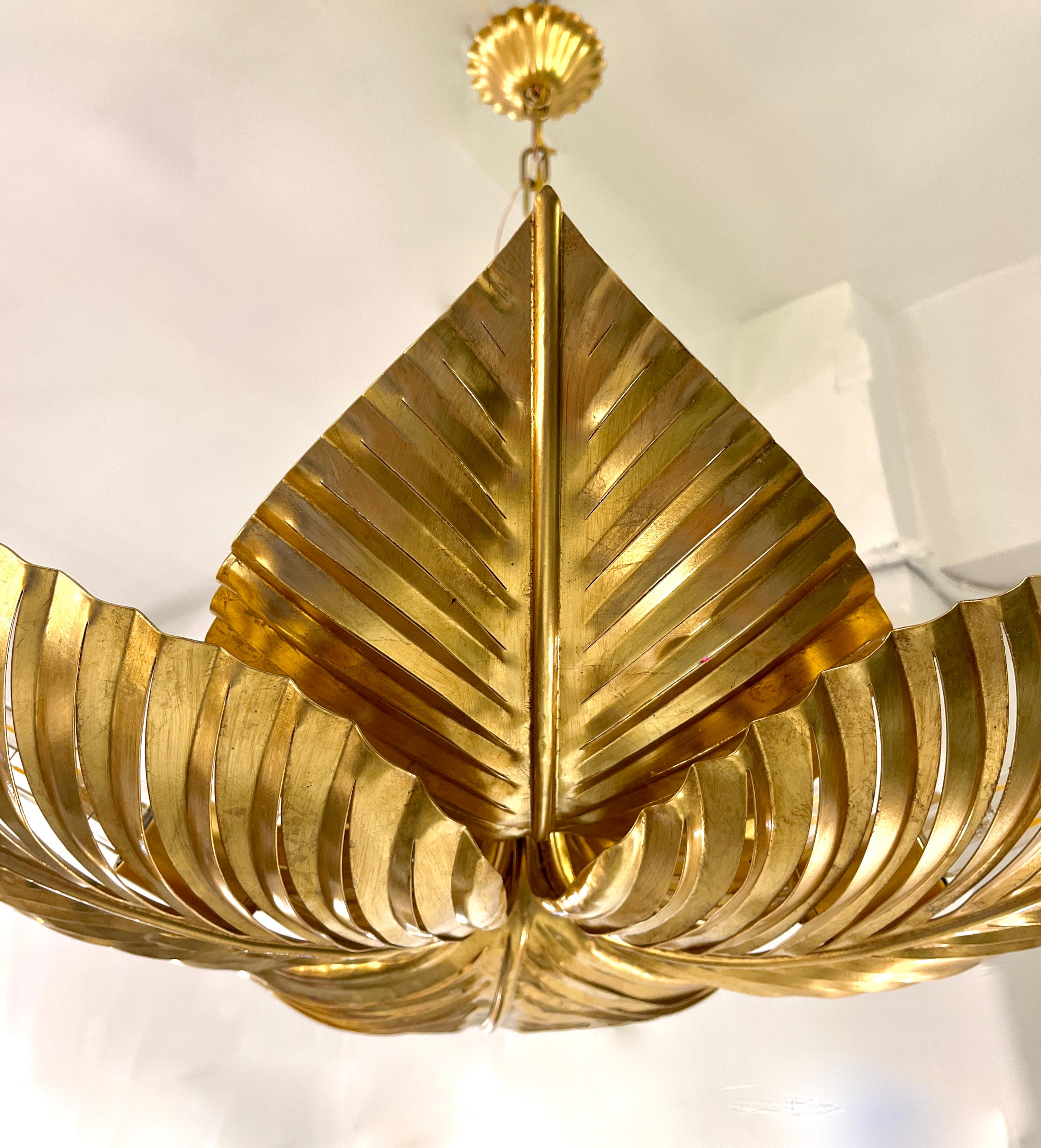 Contemporary Italian Art Deco Design Hand Made Gold Metal Tiered Leaf Chandelier For Sale 12