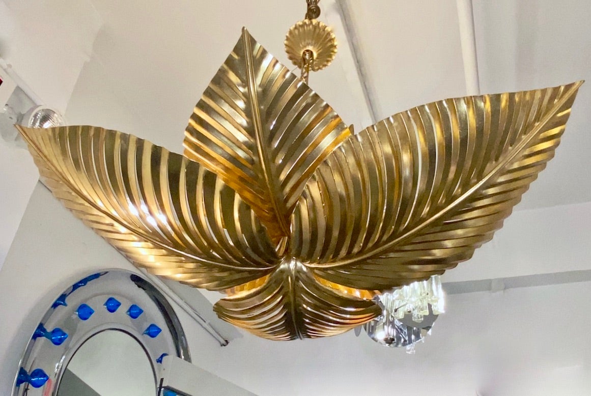 Hand-Painted Contemporary Italian Art Deco Design Hand Made Gold Metal Tiered Leaf Chandelier For Sale