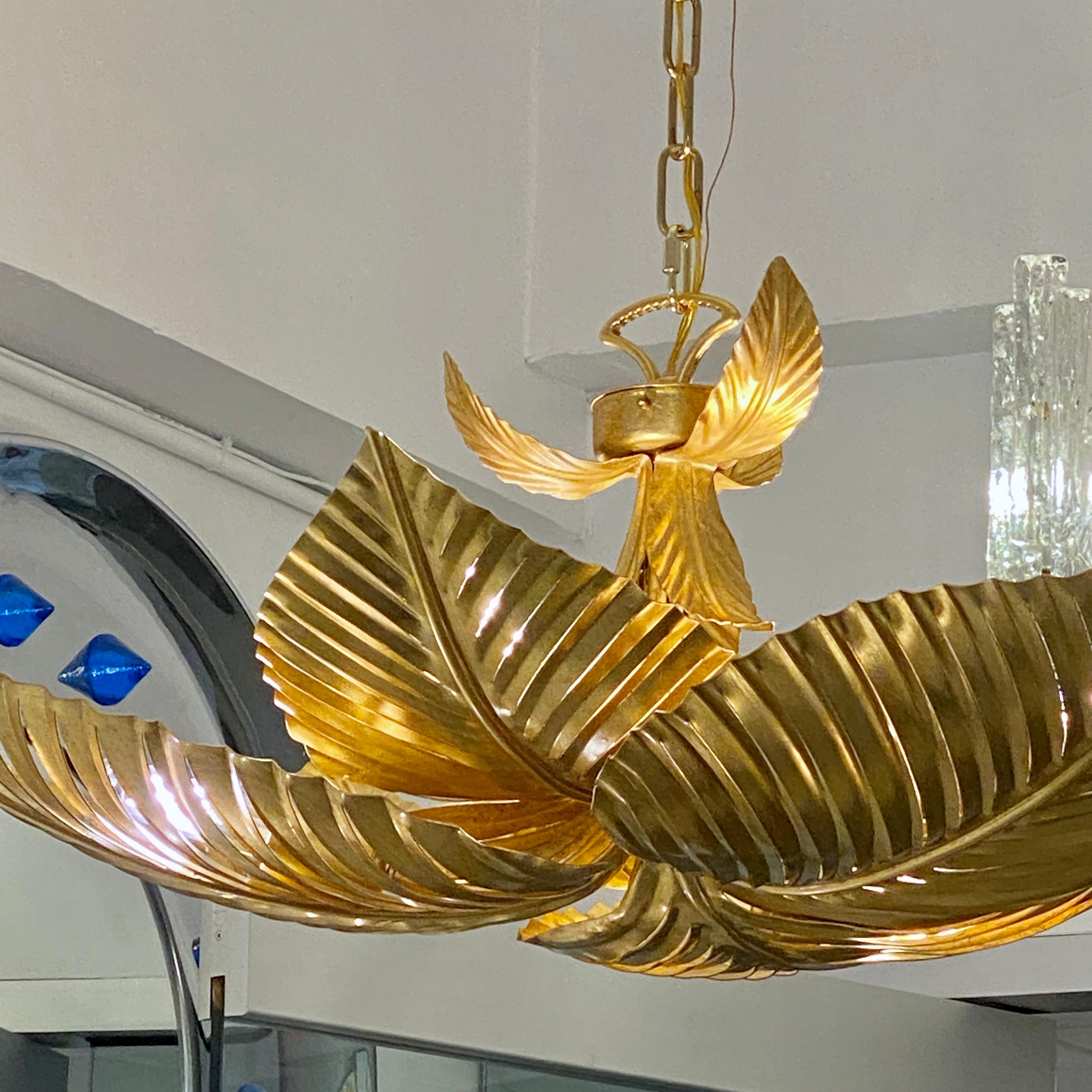 Iron Contemporary Italian Art Deco Design Hand Made Gold Metal Tiered Leaf Chandelier For Sale