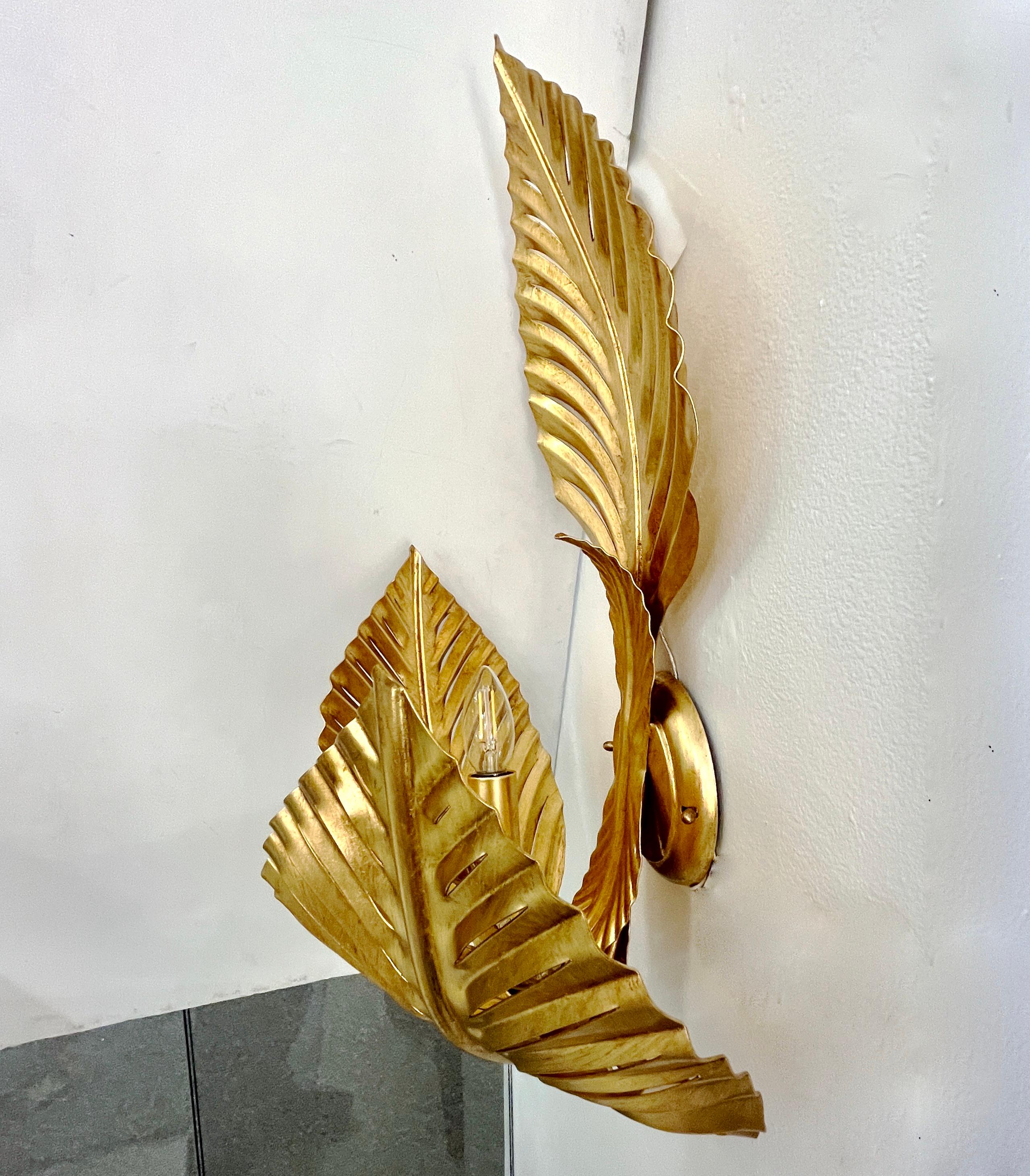 Iron Contemporary Italian Art Deco Design Pair of Hand Made Gold Metal 3-Leaf Sconces For Sale