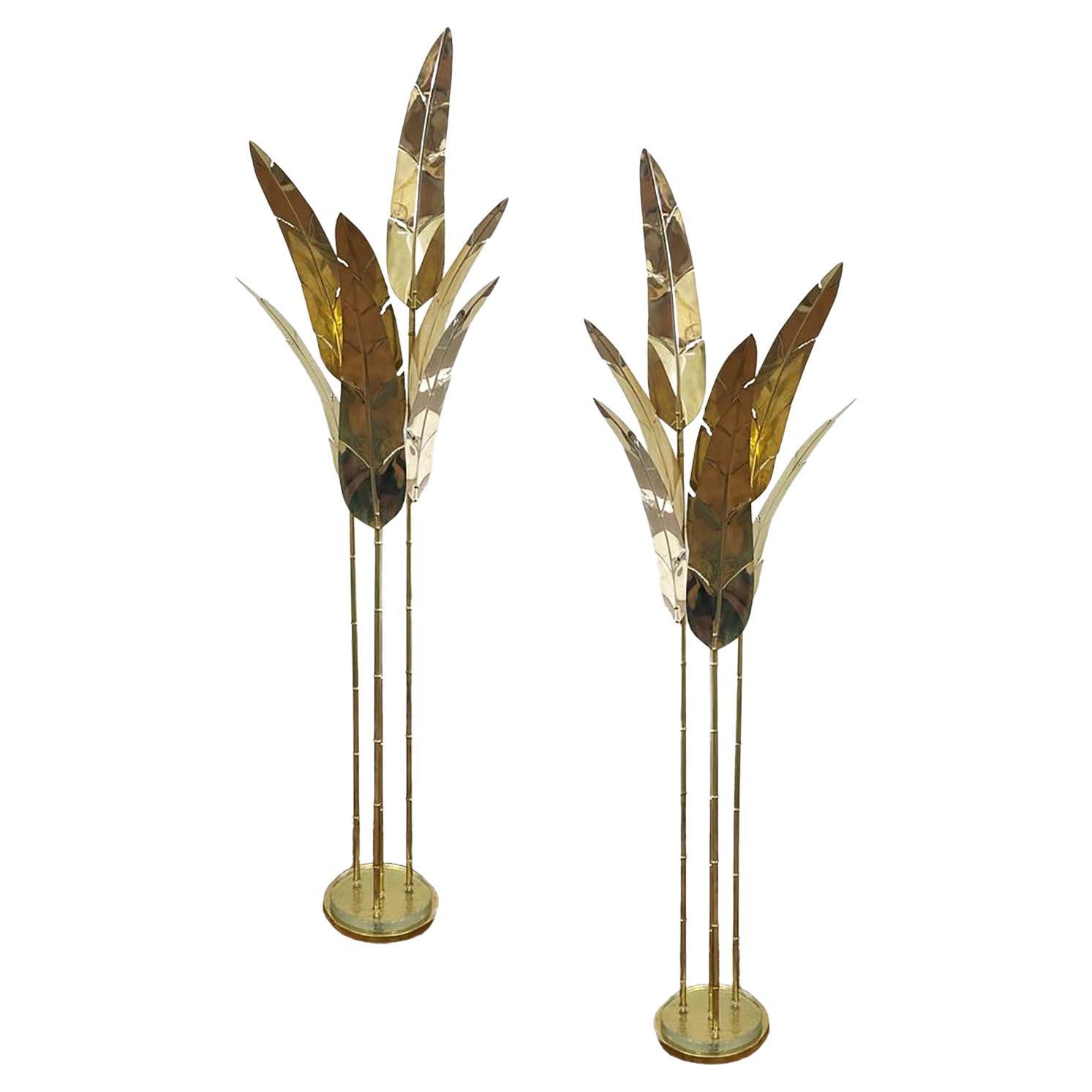 Contemporary Italian Art Deco Design Palm Tree Pair of 7-Leaf Brass Floor Lamps