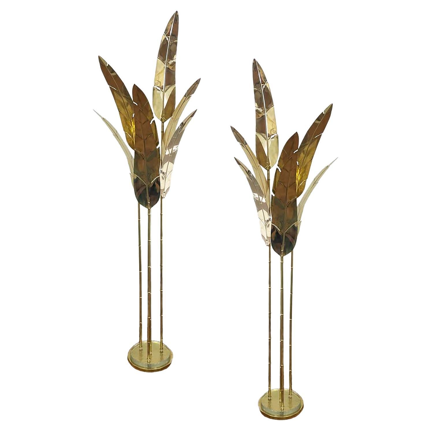 Contemporary Italian Art Deco Design Palm Tree Pair of 7-Leaf Brass Floor Lamps For Sale
