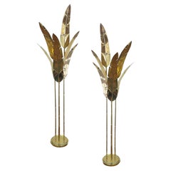 Paire de lampadaires contemporains en laiton à 7 feuilles avec palmier, design Art déco italien