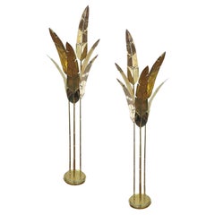 Contemporary Italian Art Deco Design Palm Tree Pair of 7-Leaf Brass Floor Lamps