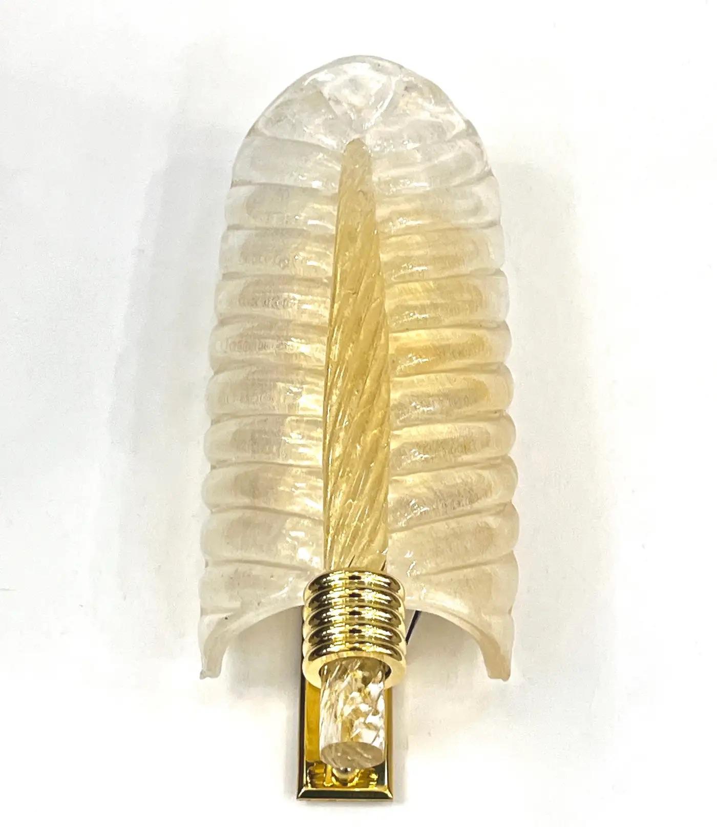 Contemporary Italian Art Deco Pair Crystal Gold Murano Glass Brass Leaf Sconces im Angebot 7