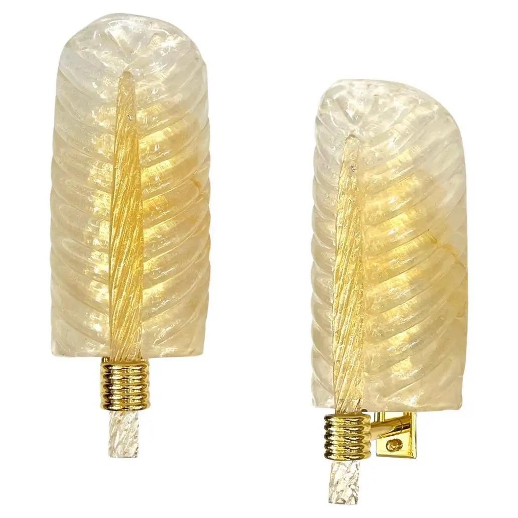 Contemporary Italian Art Deco Pair Crystal Gold Murano Glass Brass Leaf Sconces