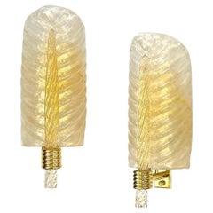 Contemporary Italian Art Deco Pair Crystal Gold Murano Glass Brass Leaf Sconces