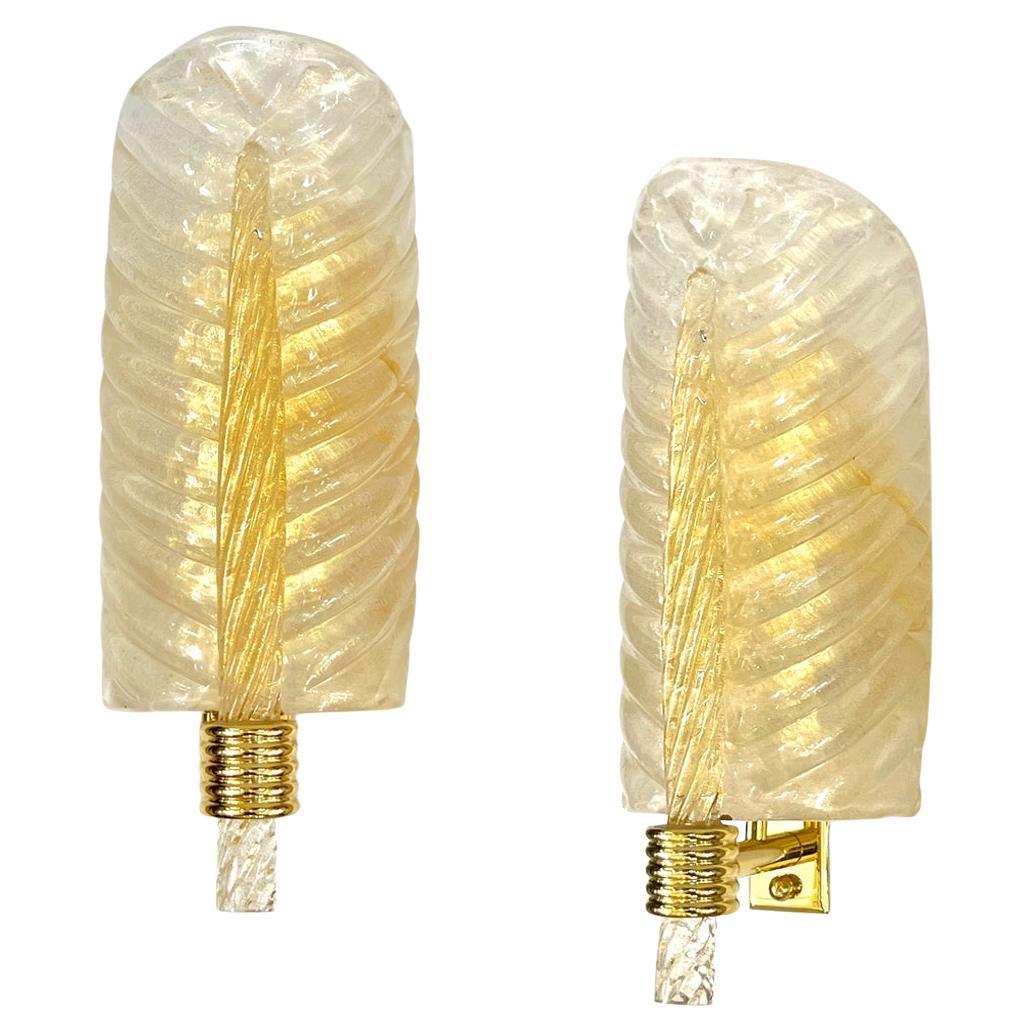 Contemporary Italian Art Deco Pair Crystal Gold Murano Glass Brass Leaf Sconces