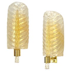 Contemporary Italian Art Deco Pair Crystal Gold Murano Glass Brass Leaf Sconces
