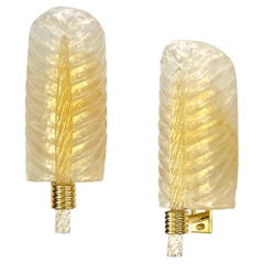 Contemporary Italian Art Deco Pair Crystal Gold Murano Glass Brass Leaf Sconces
