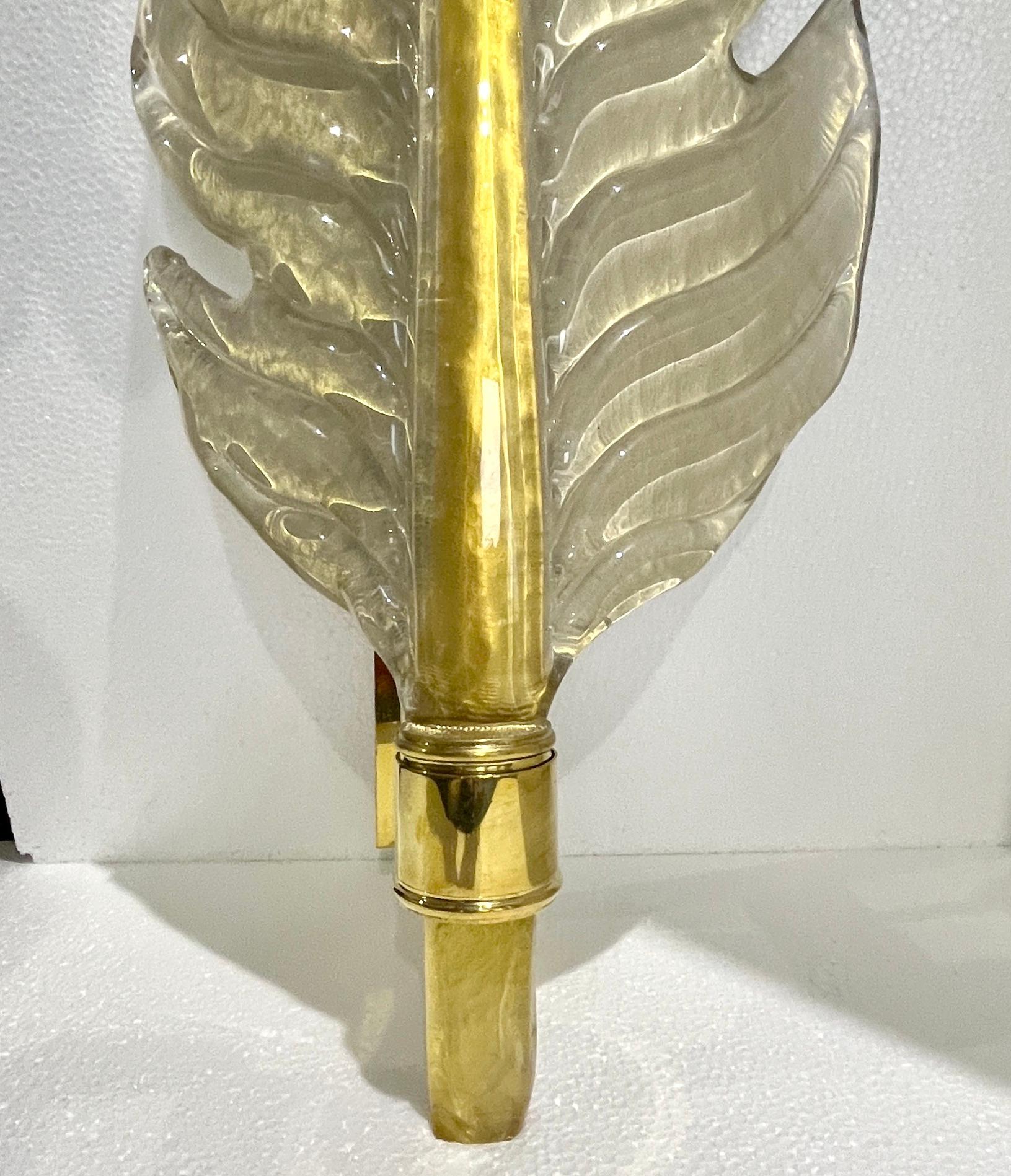 Contemporary Italian Art Deco Pair of Amber Gold Murano Glass Brass Leaf Sconces For Sale 6
