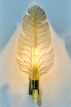 Contemporary Italian Art Deco Pair of Amber Gold Murano Glass Brass Leaf Sconces