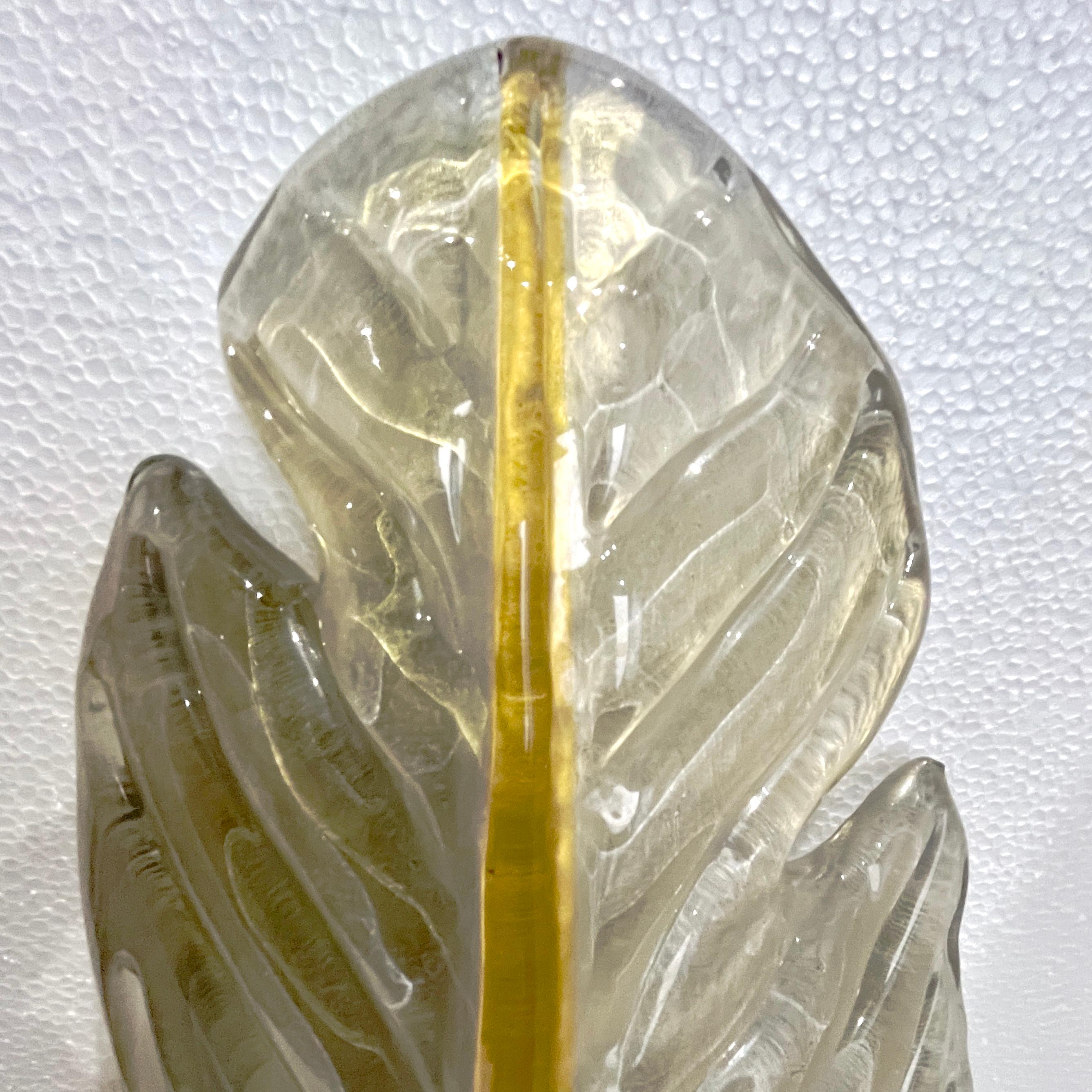 Contemporary Italian Art Deco Pair of Amber Gold Murano Glass Brass Leaf Sconces For Sale 5