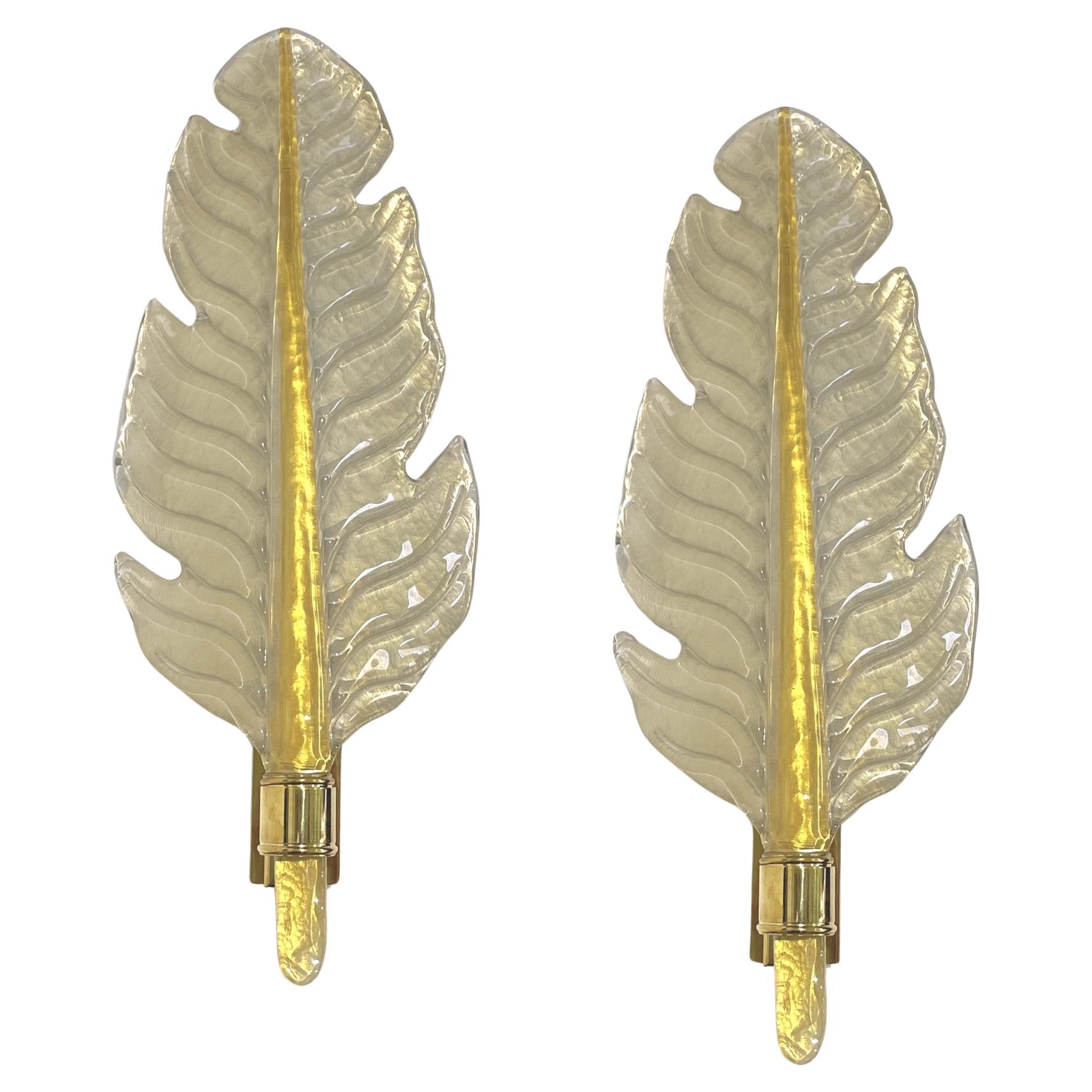 Contemporary Italian Art Deco Pair of Amber Gold Murano Glass Brass Leaf Sconces For Sale