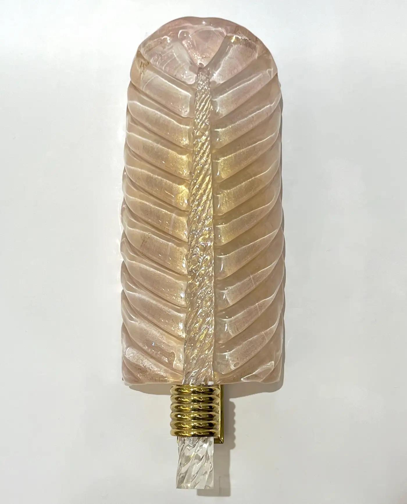 Contemporary Italian Art Deco Pair of Pink Gold Leaf Murano Glass Brass Sconces 6