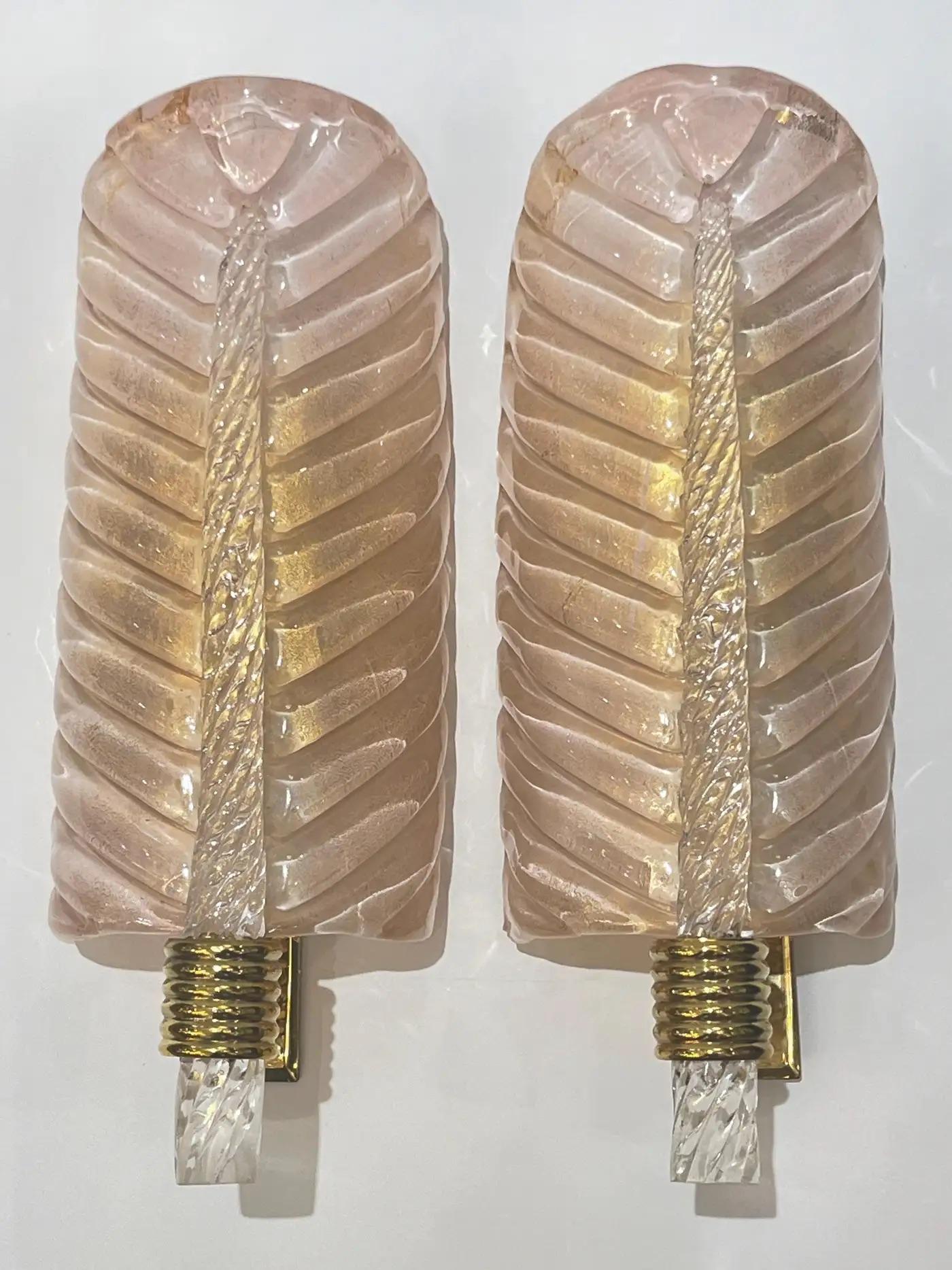 Contemporary Italian Art Deco Pair of Pink Gold Leaf Murano Glass Brass Sconces 9