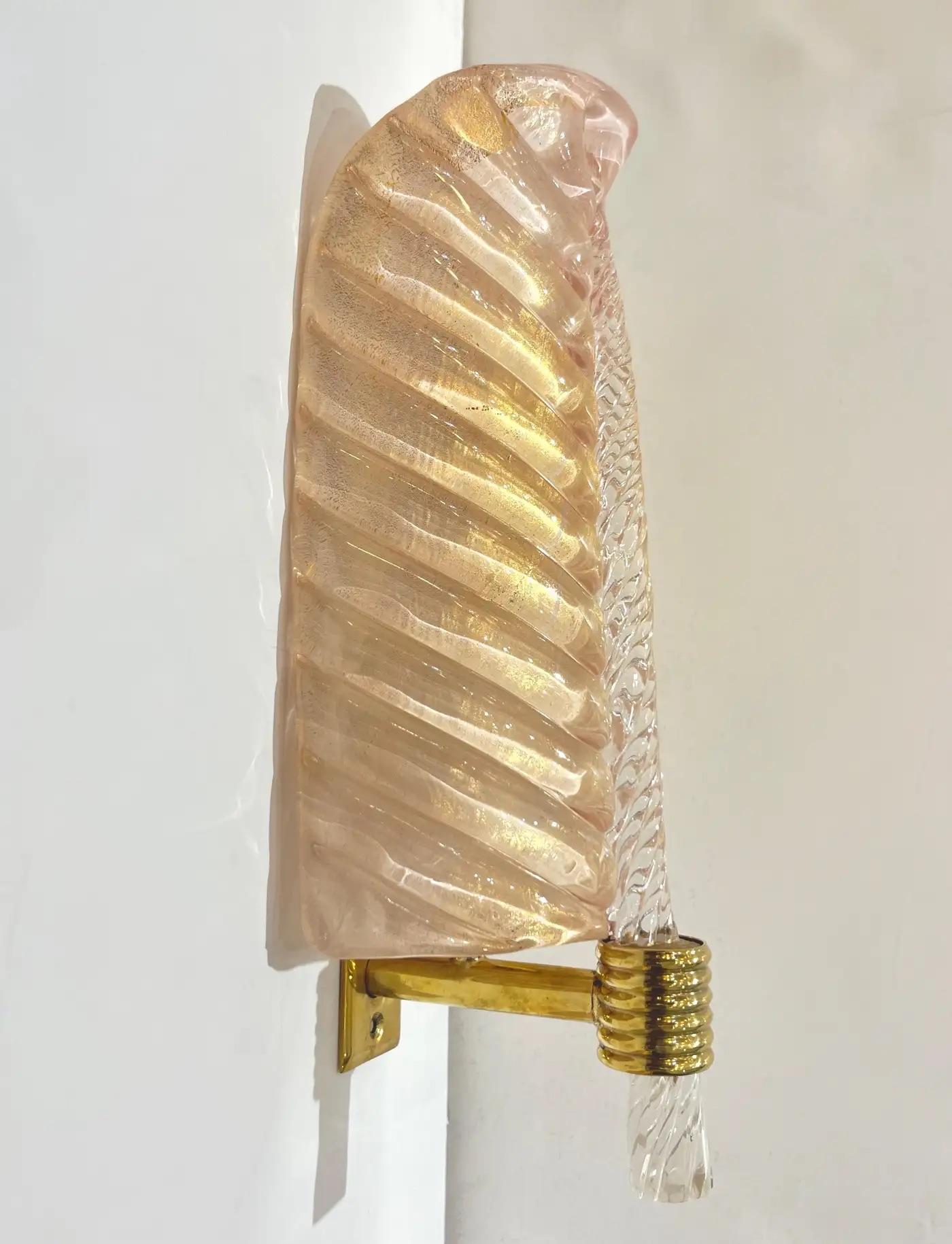 Contemporary Italian Art Deco Pair of Pink Gold Leaf Murano Glass Brass Sconces 3
