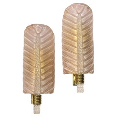 Contemporary Italian Art Deco Pair of Pink Gold Leaf Murano Glass Brass Sconces