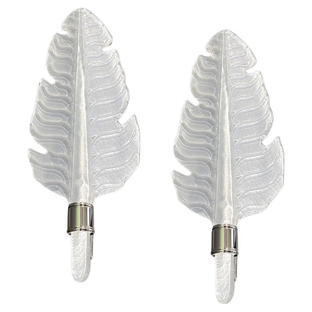 Contemporary Italian Art Deco Pair of White Murano Glass Nickel Leaf Sconces For Sale