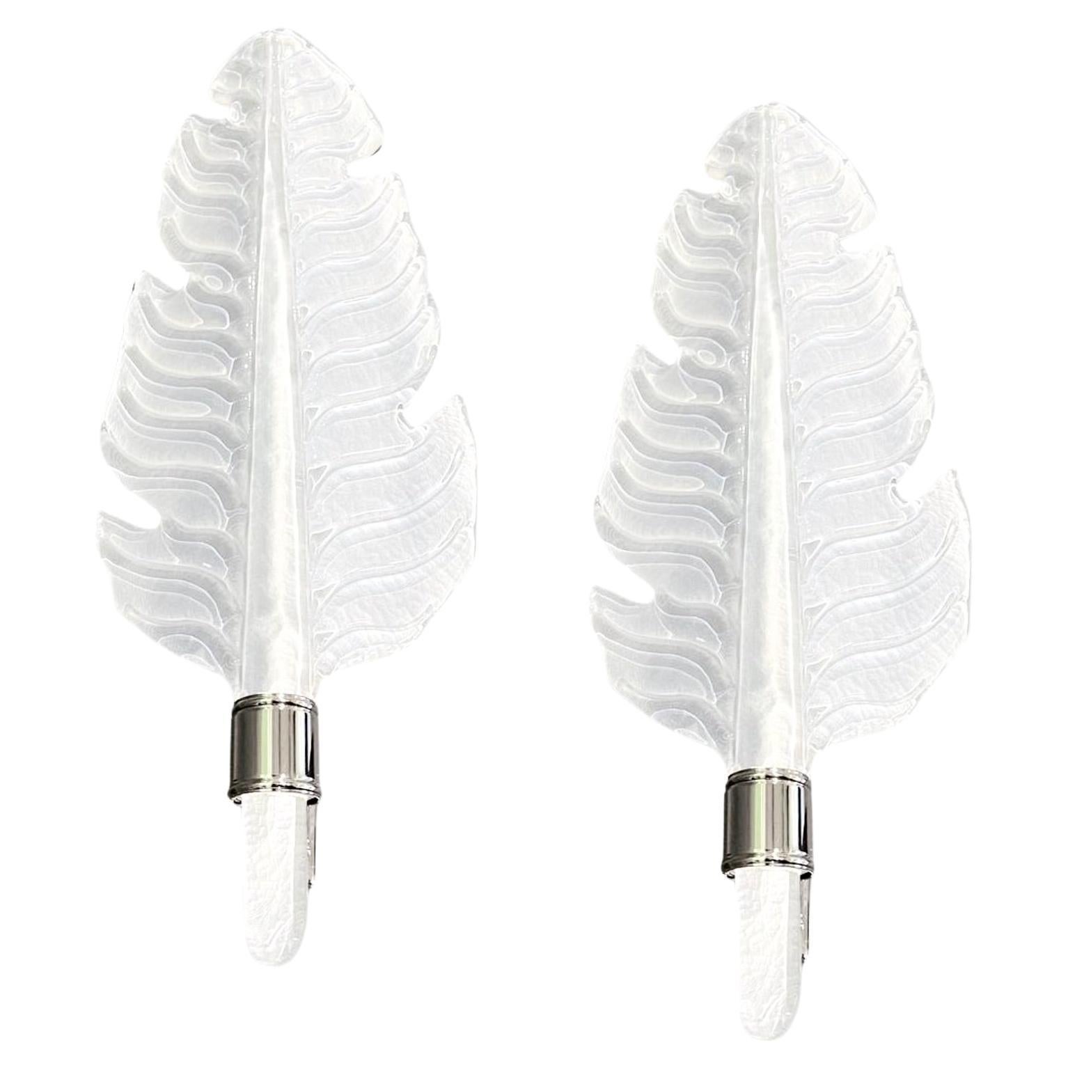 Contemporary Italian Art Deco Pair of White Murano Glass Nickel Leaf Sconces