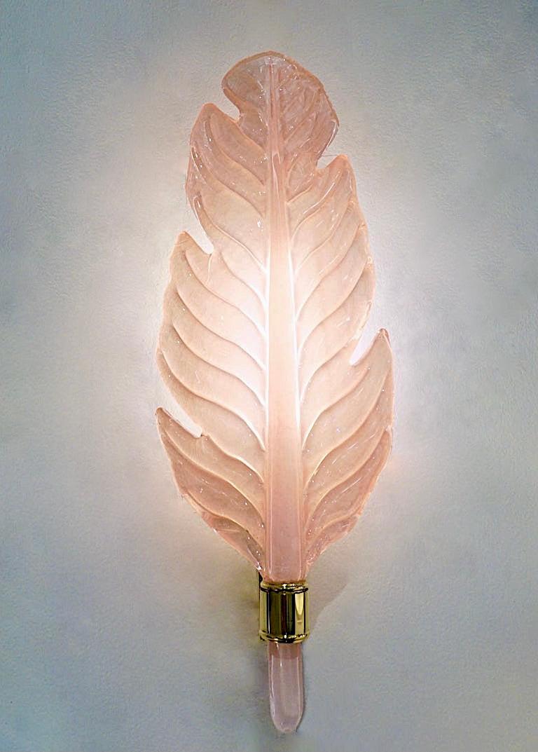 Contemporary Italian Art Deco Pink Murano Glass & Brass Feather Leaf Sconces For Sale 5