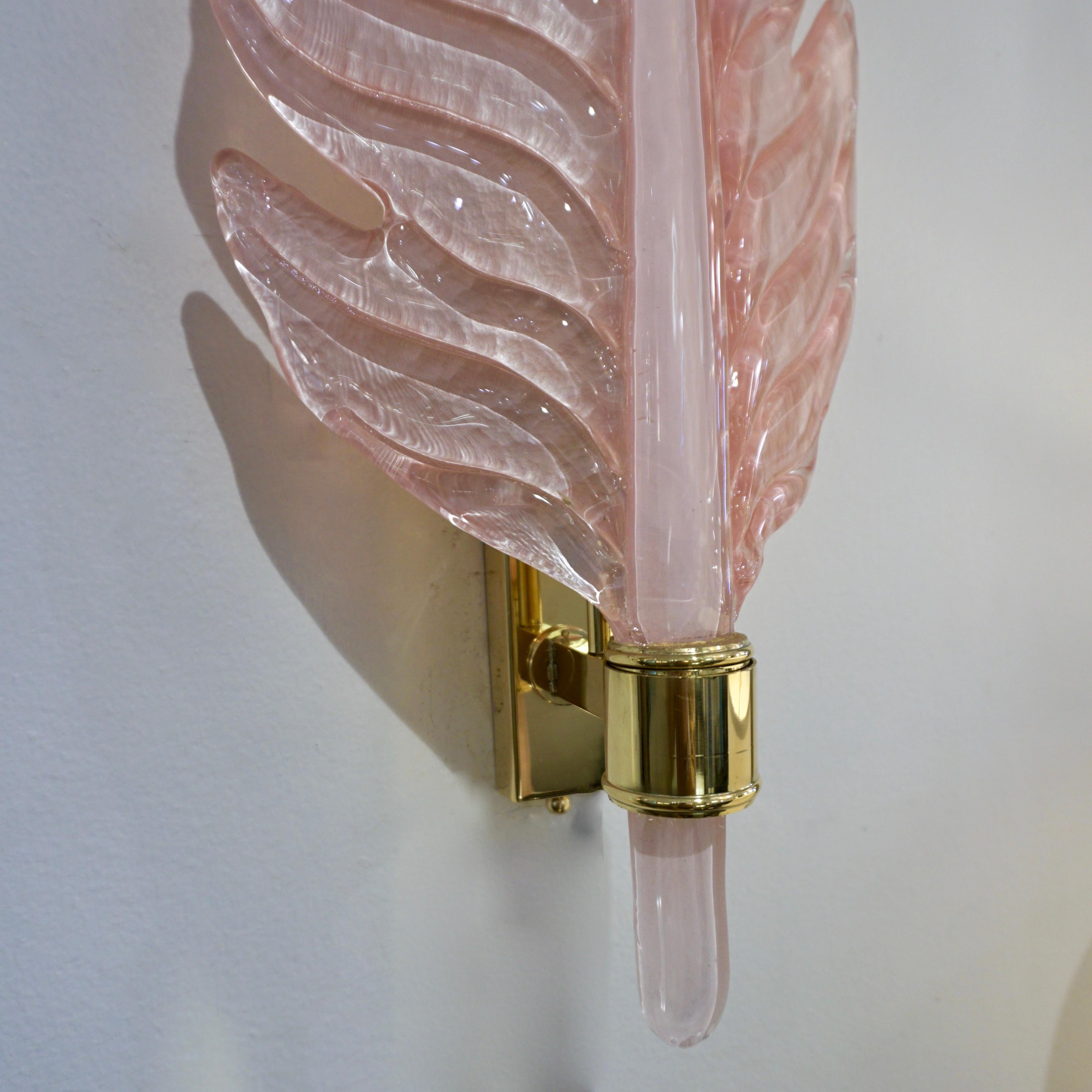 Contemporary Italian Art Deco Pink Murano Glass & Brass Feather Leaf Sconces For Sale 8