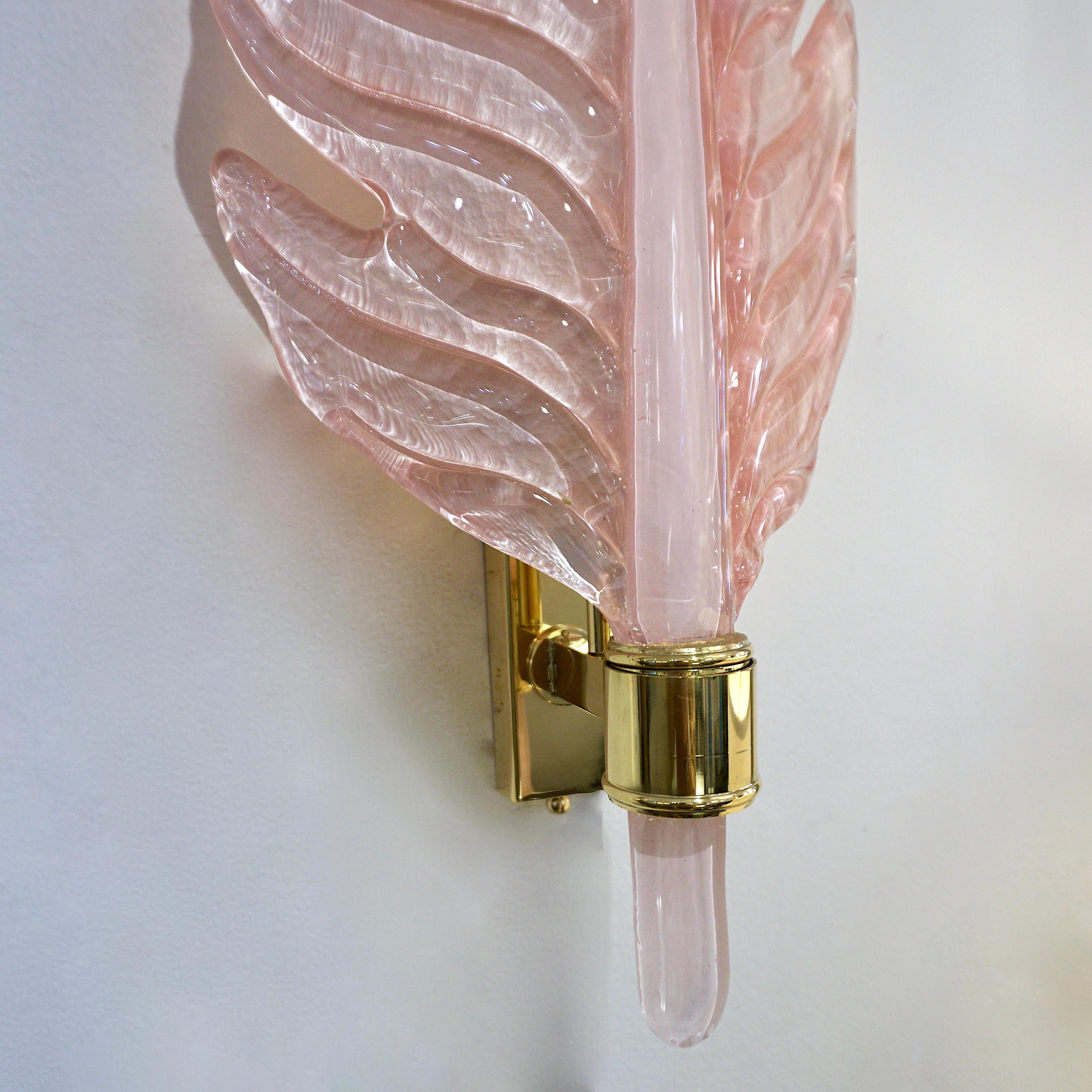 Contemporary Italian Art Deco Pink Murano Glass & Brass Feather Leaf Sconces For Sale 6