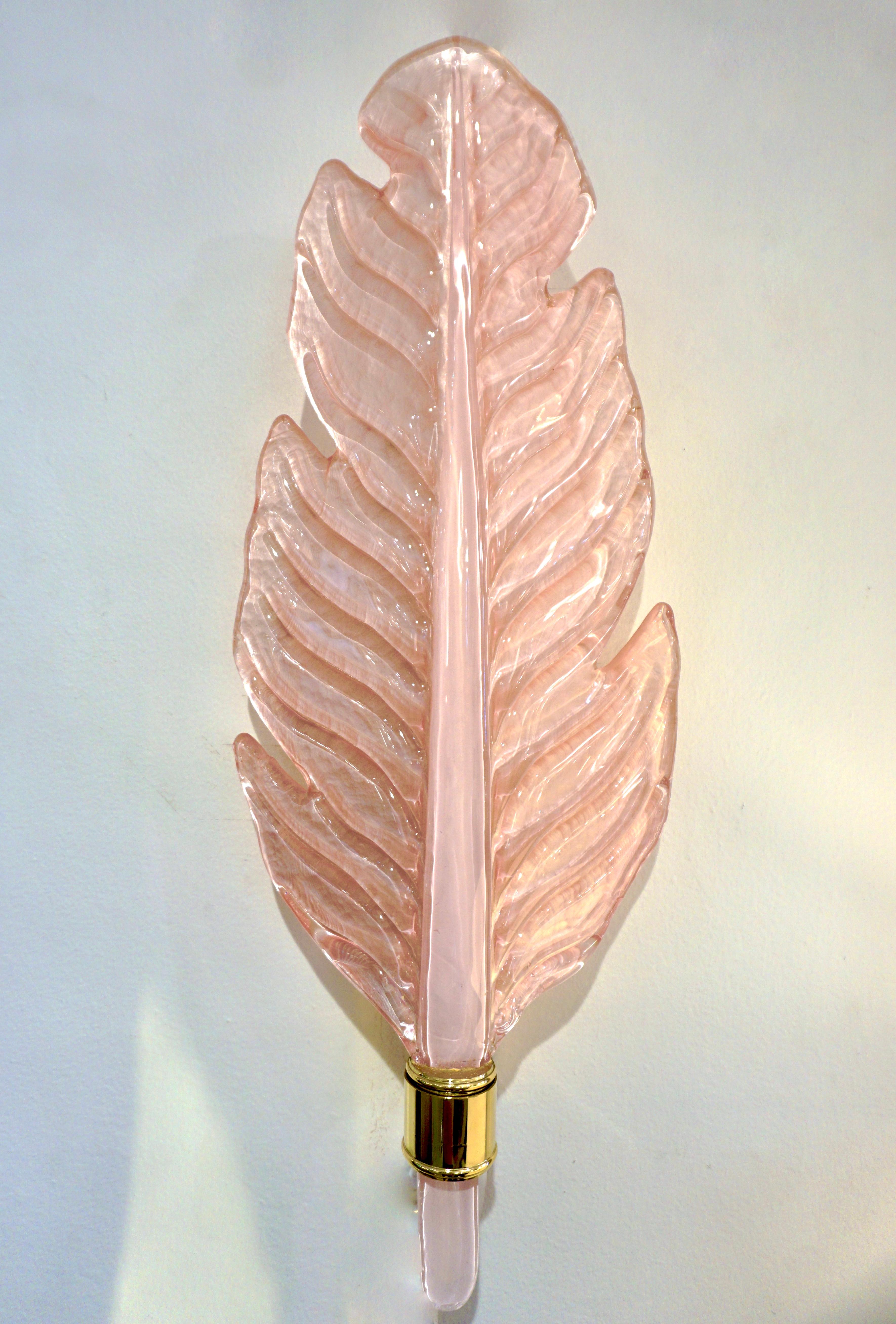 Contemporary Italian Art Deco Pink Murano Glass & Brass Feather Leaf Sconces For Sale 9