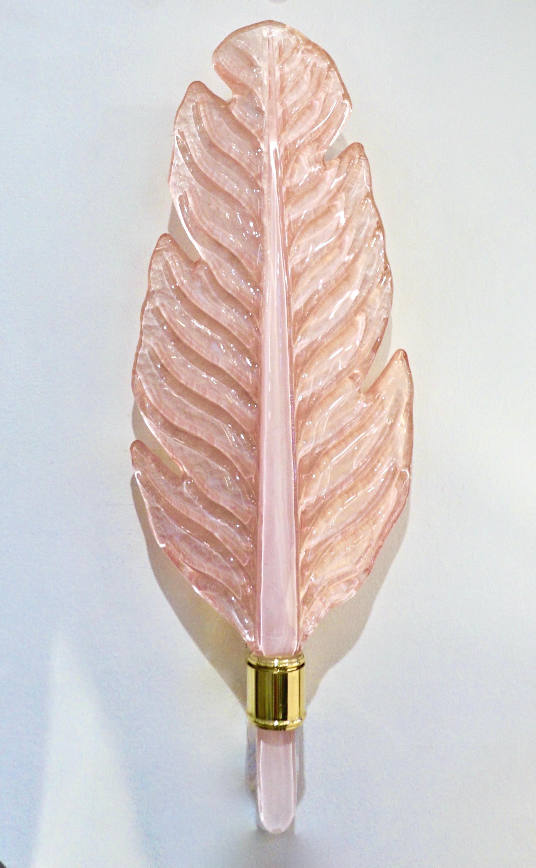 Contemporary Italian Art Deco Pink Murano Glass & Brass Feather Leaf Sconces For Sale 7