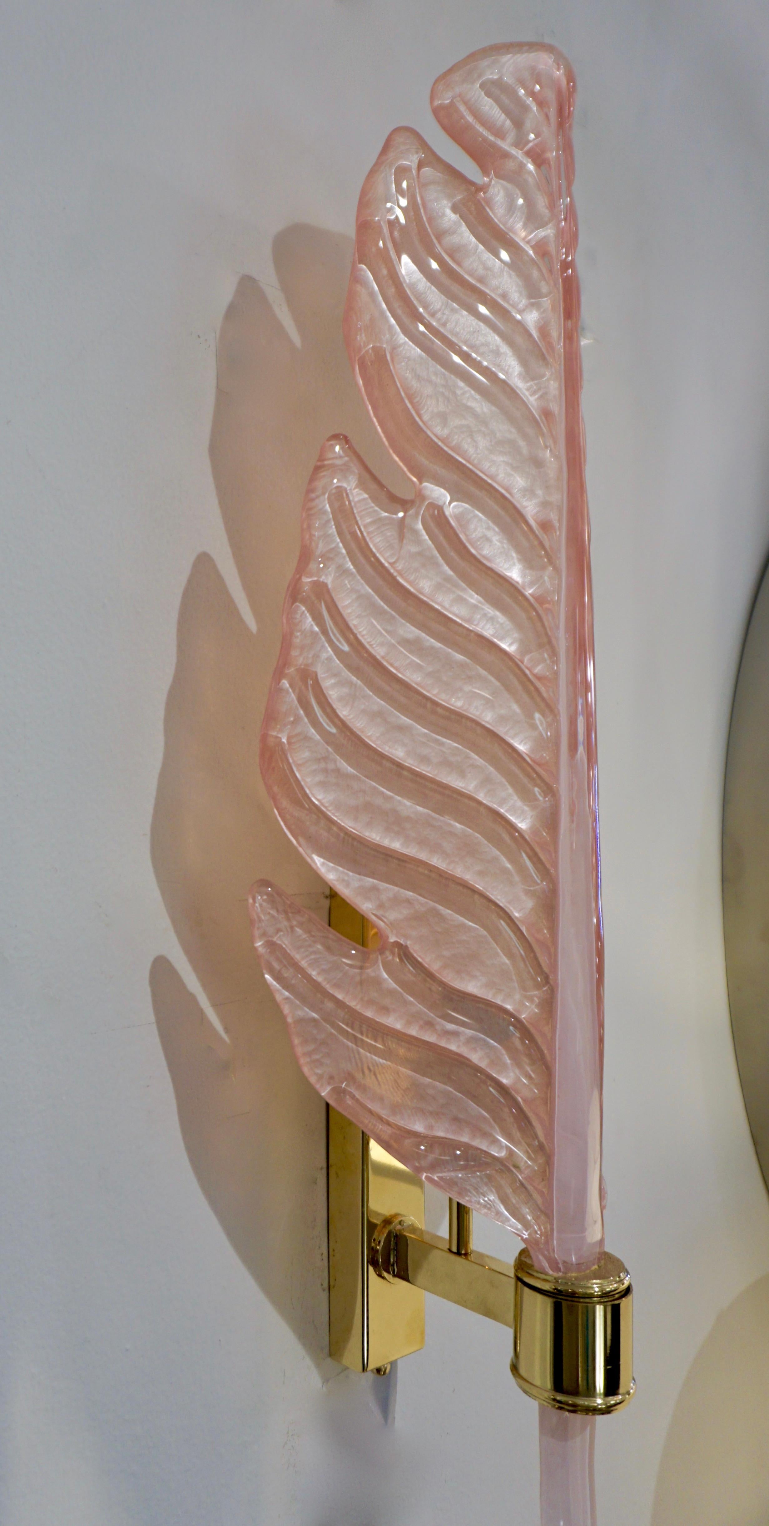 Hand-Crafted Contemporary Italian Art Deco Pink Murano Glass & Brass Feather Leaf Sconces For Sale