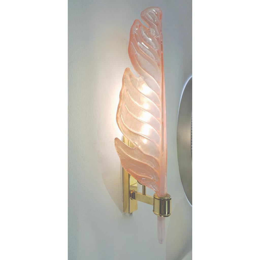 Hand-Crafted Contemporary Italian Art Deco Pink Murano Glass & Brass Feather Leaf Sconces For Sale