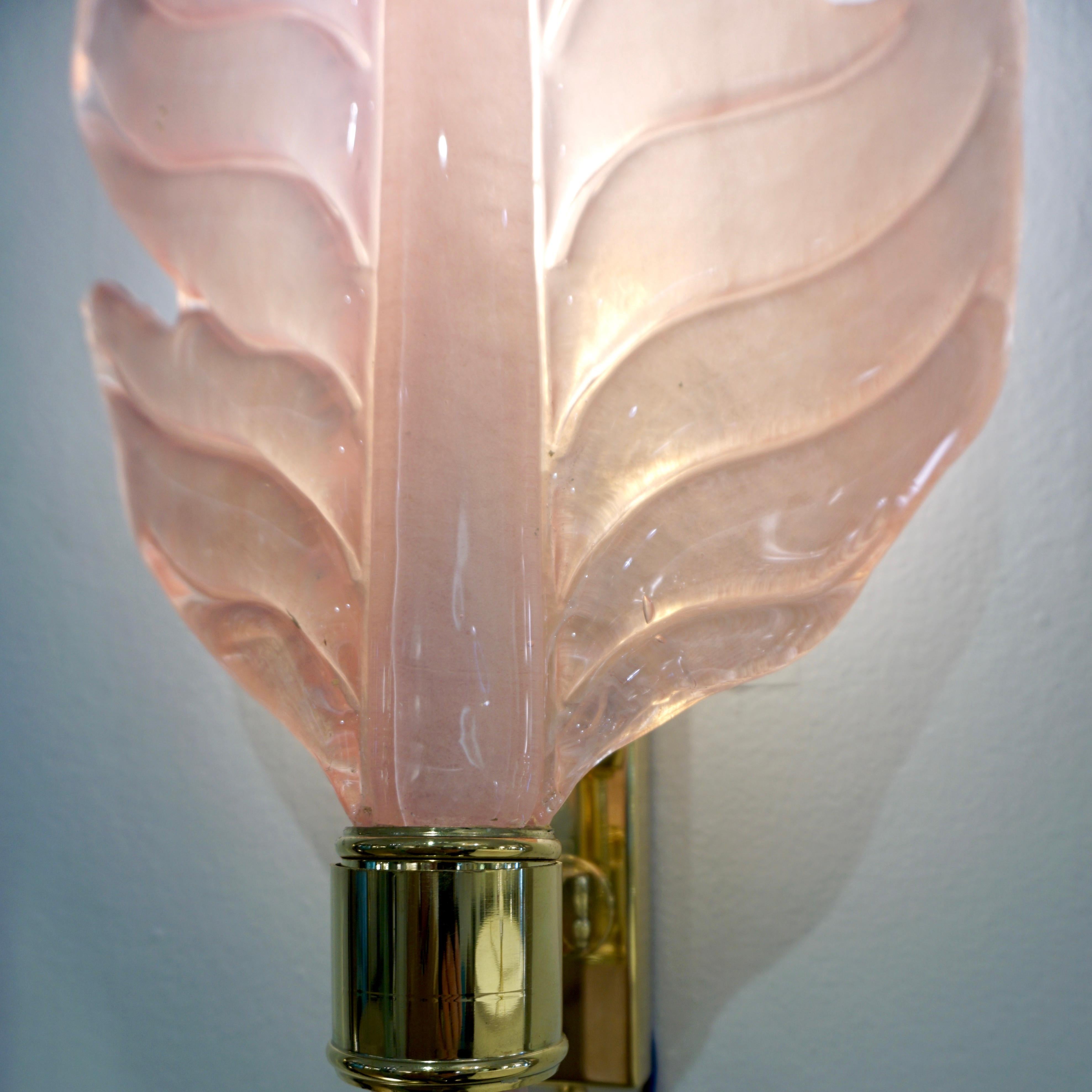 Contemporary Italian Art Deco Pink Murano Glass & Brass Feather Leaf Sconces For Sale 2