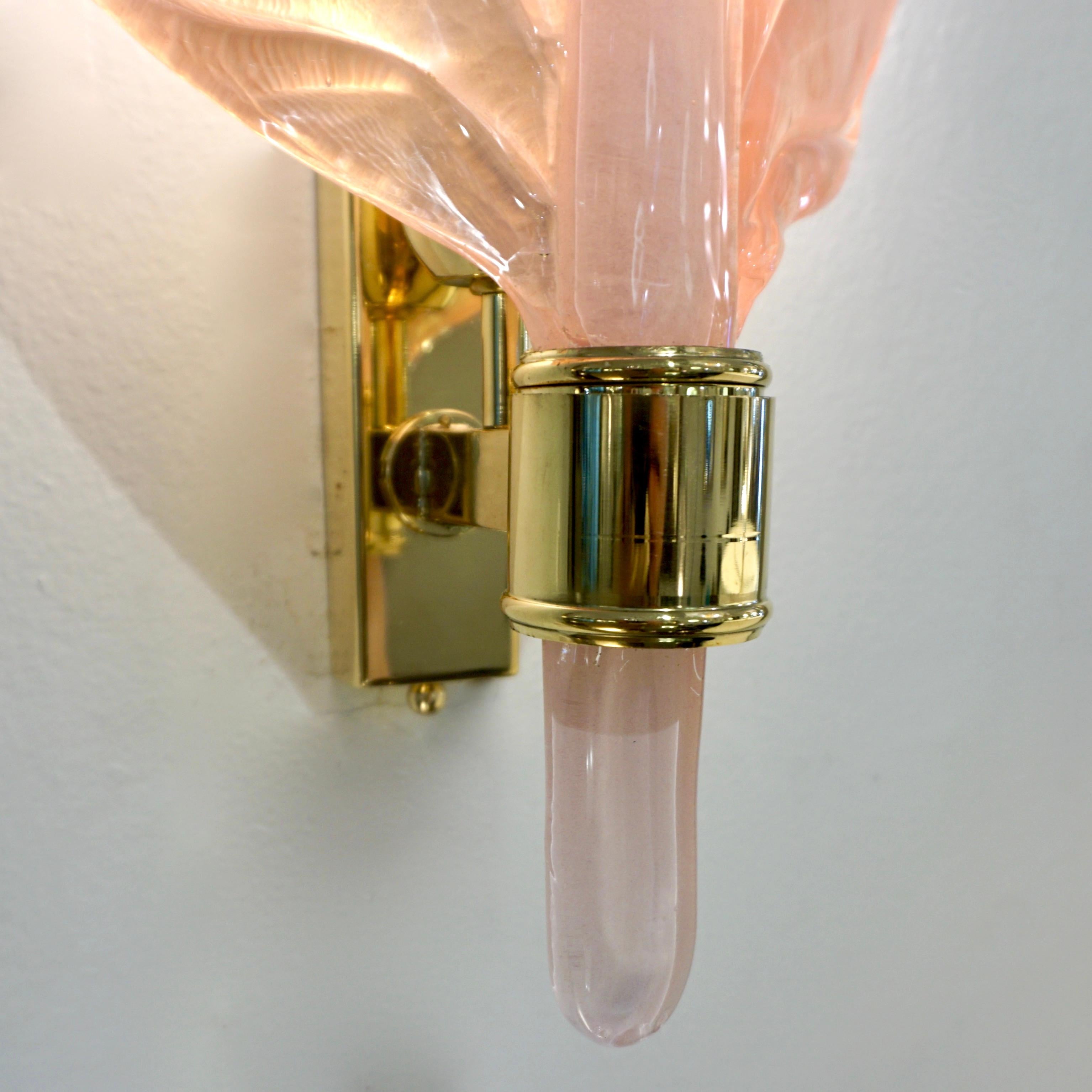 Contemporary Italian Art Deco Pink Murano Glass & Brass Feather Leaf Sconces For Sale 5