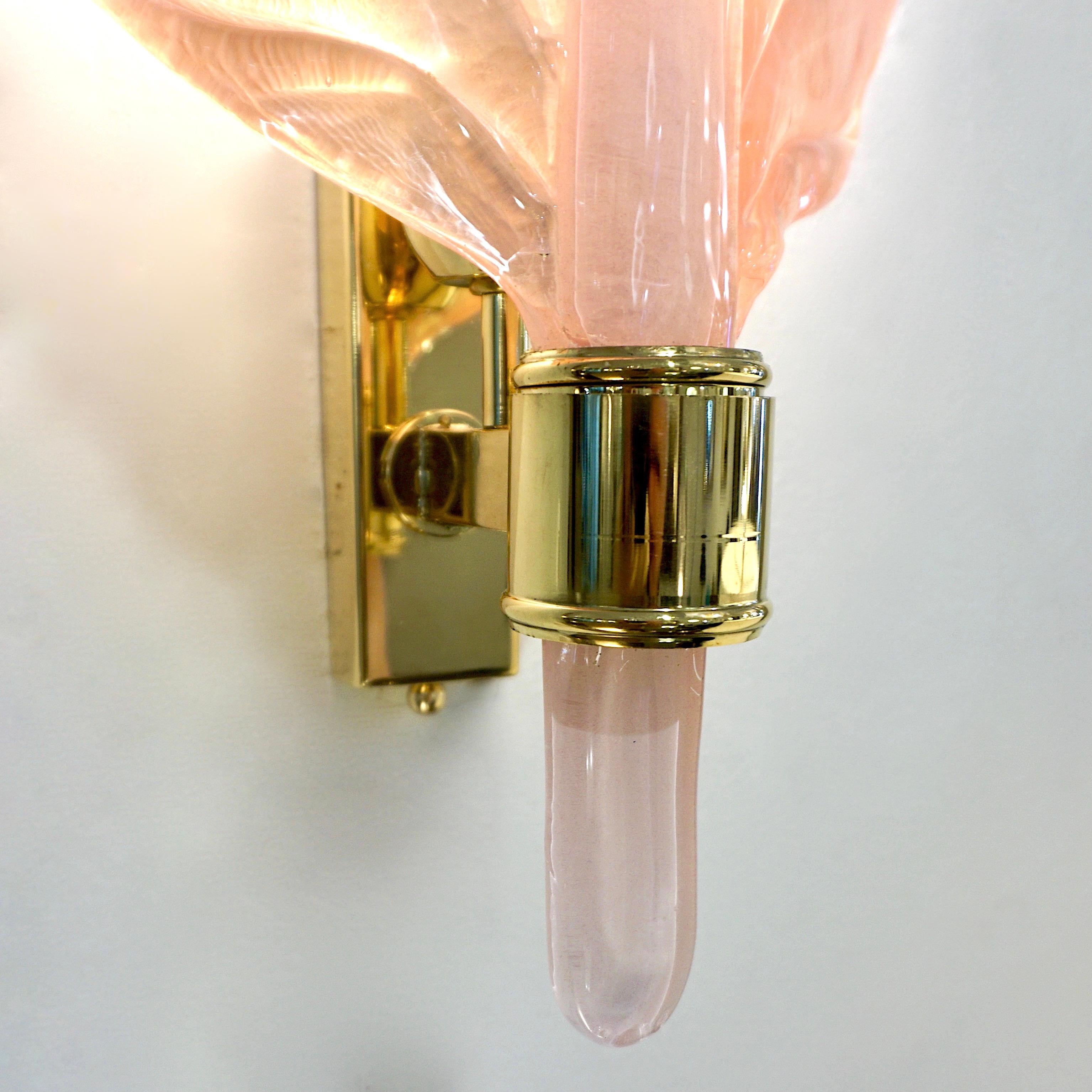 Contemporary Italian Art Deco Pink Murano Glass & Brass Feather Leaf Sconces For Sale 3