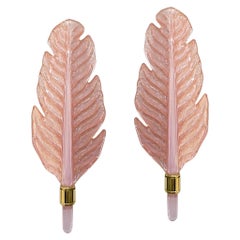 Contemporary Italian Art Deco Pink Murano Glass & Brass Feather Leaf Sconces