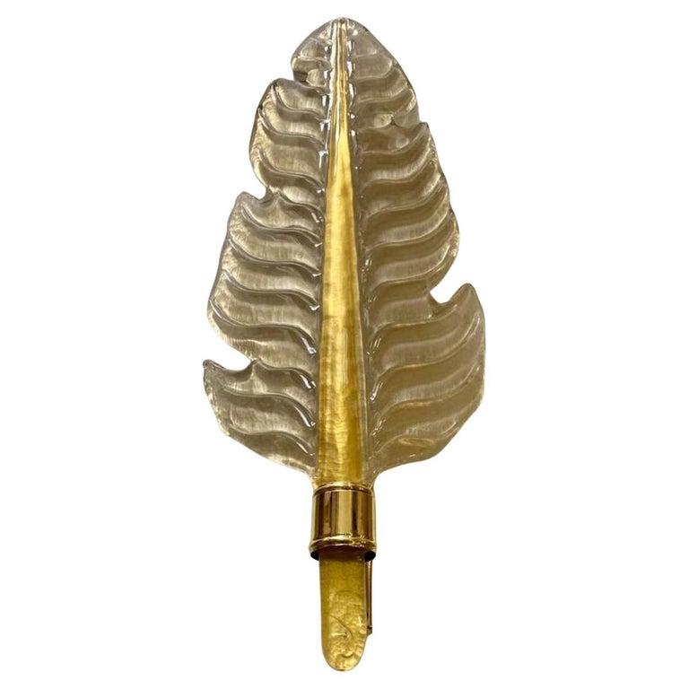Contemporary Italian Art Deco Pink Murano Glass & Brass Feather Leaf Wall Light For Sale 8