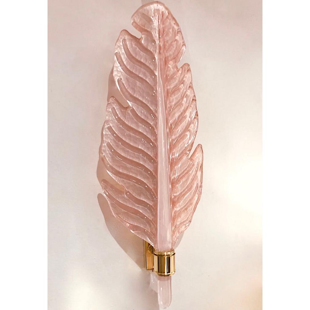 Hand-Crafted Contemporary Italian Art Deco Pink Murano Glass & Brass Feather Leaf Wall Light For Sale