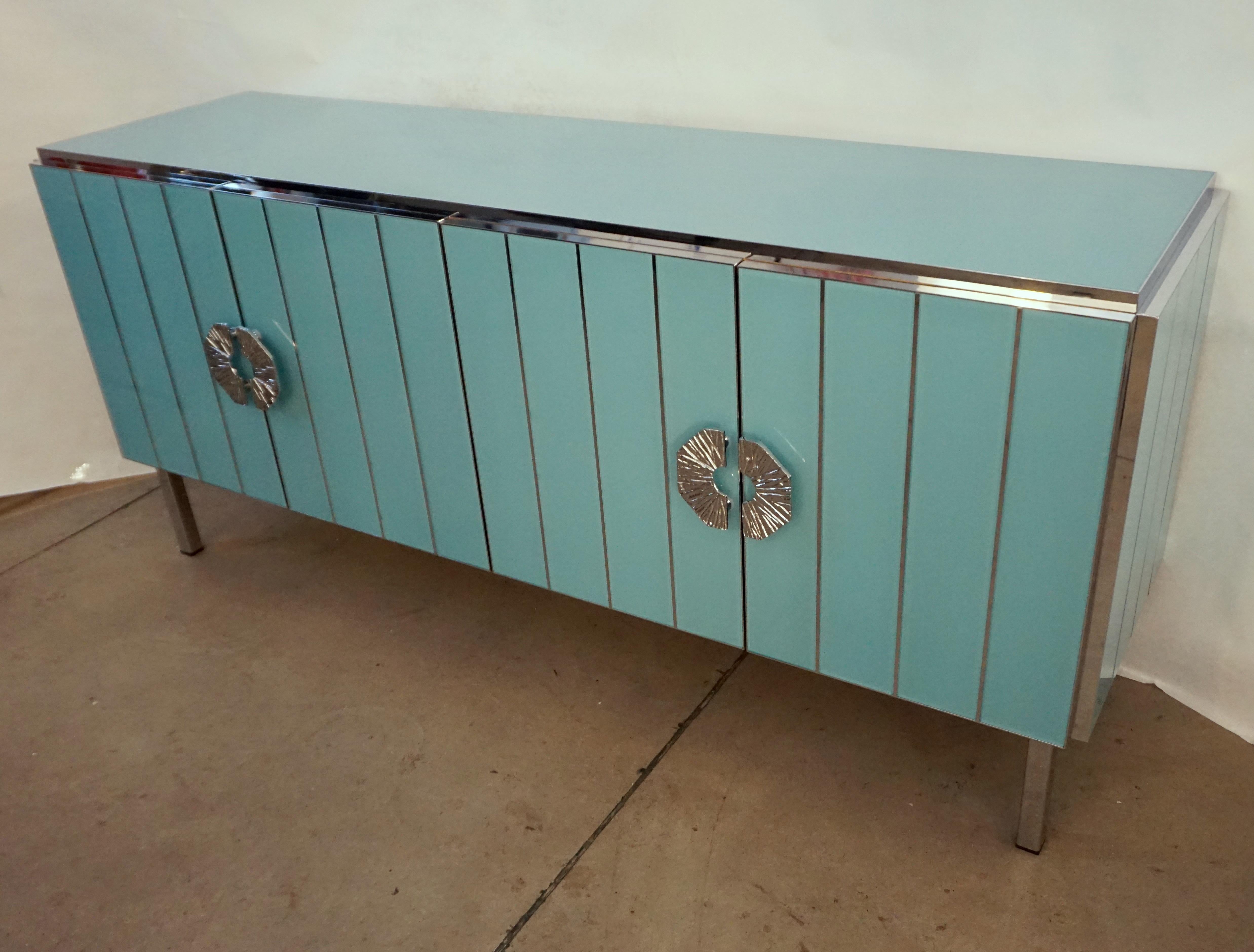 Contemporary Italian Art Deco Style Aqua Turquoise Glass Nickel Modern Cabinet For Sale 7