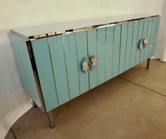 Contemporary Italian Art Deco Style Aqua Turquoise Glass Nickel Modern Cabinet