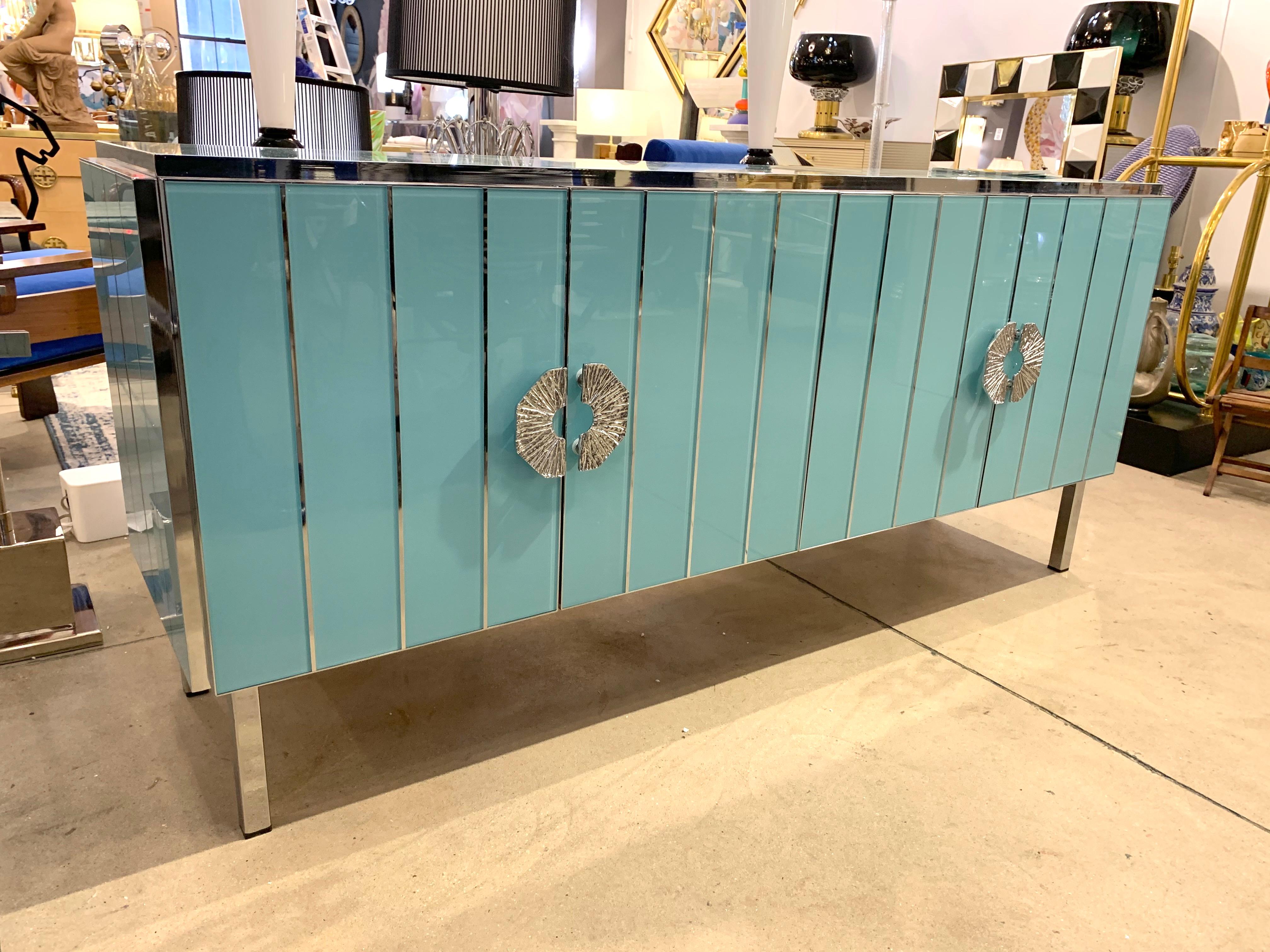 Contemporary Italian Art Deco Style Aqua Turquoise Glass Nickel Modern Cabinet In New Condition For Sale In New York, NY