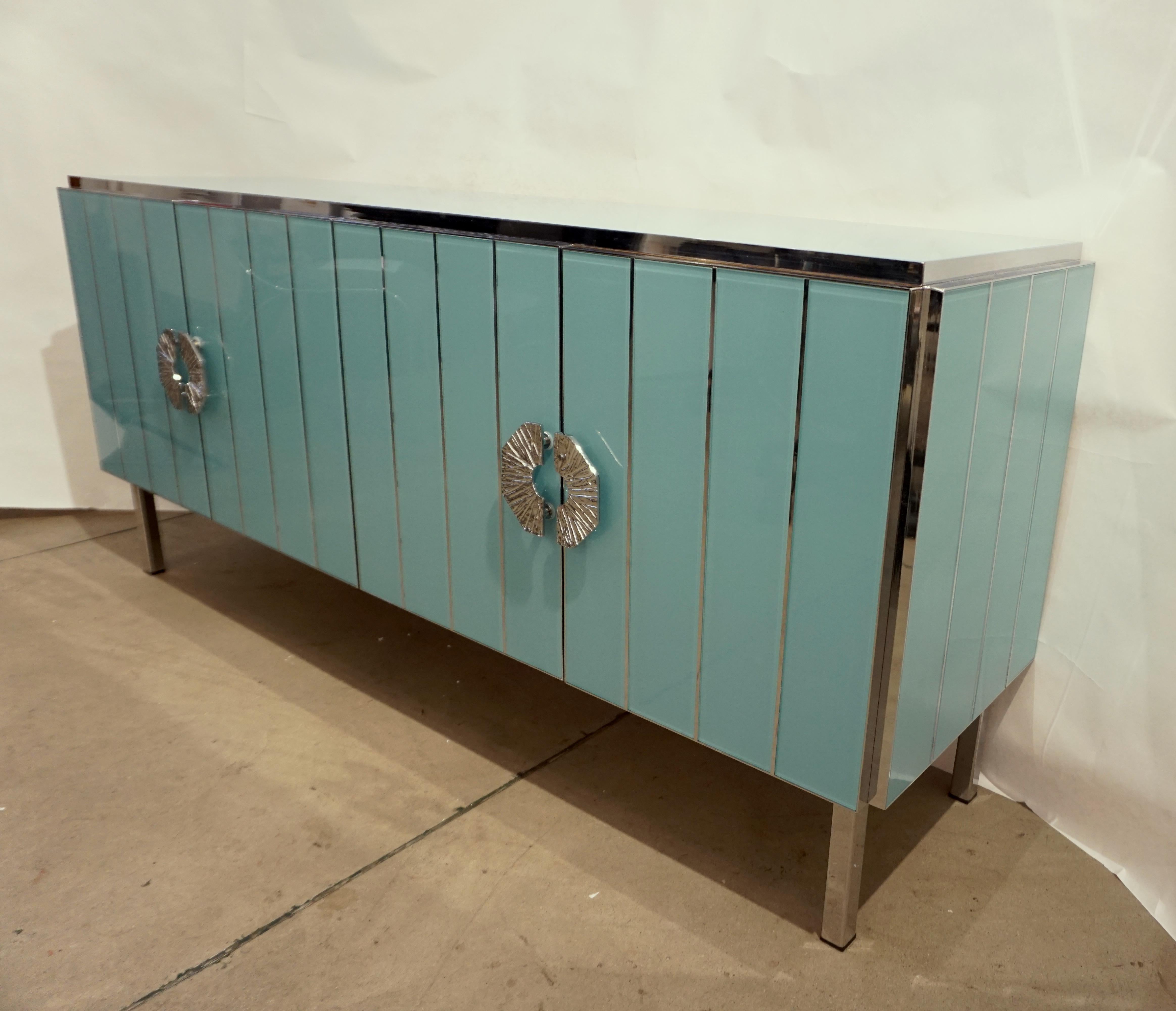 Contemporary Italian Art Deco Style Aqua Turquoise Glass Nickel Modern Cabinet For Sale 1