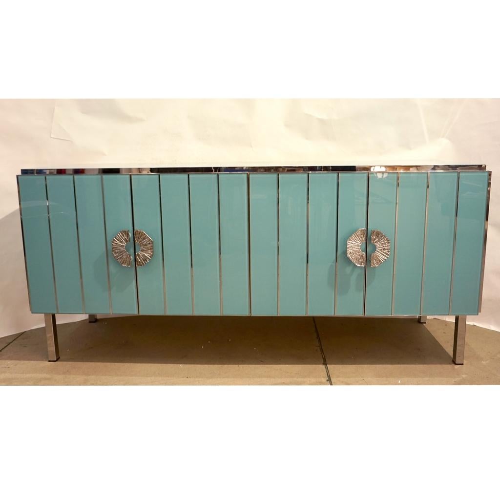 Contemporary Italian Art Deco Style Aqua Turquoise Glass Nickel Modern Cabinet For Sale 2