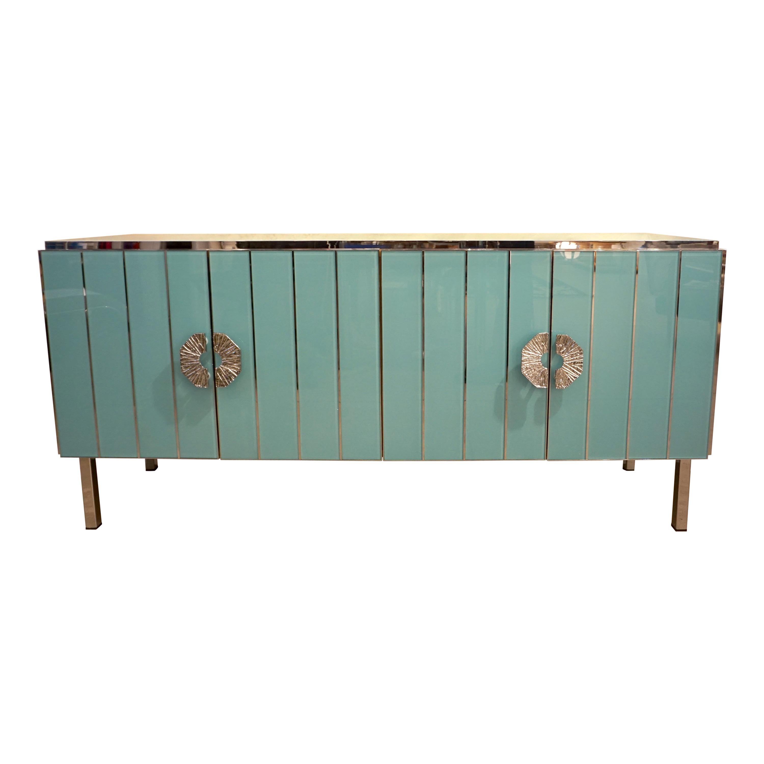 Meuble de rangement moderne italien contemporain de style Art Déco en verre turquoise aqua et nickel en vente